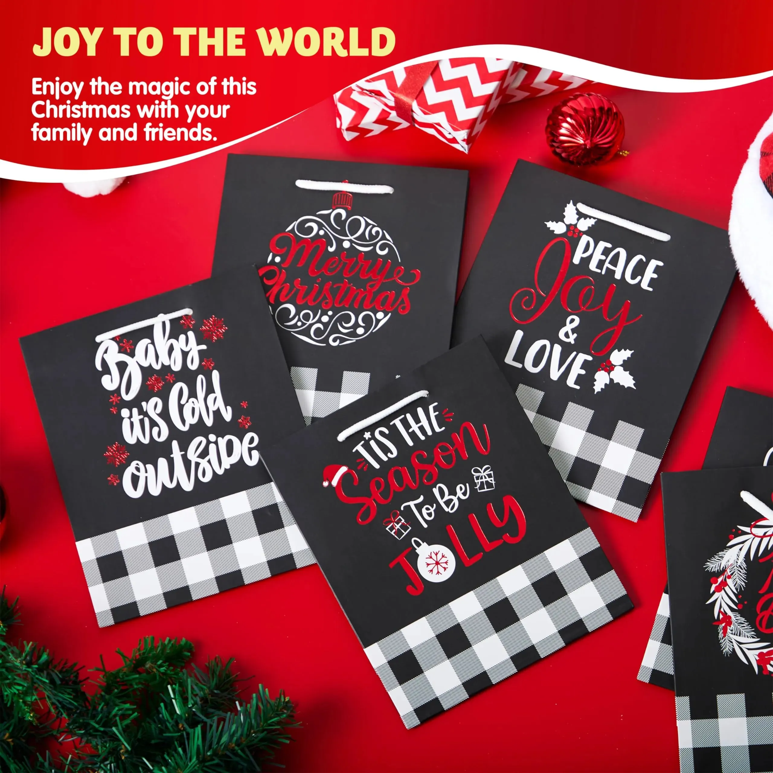 12 Pieces Plaid Christmas Gift Bags With Handles and Red Metallic Foil Details