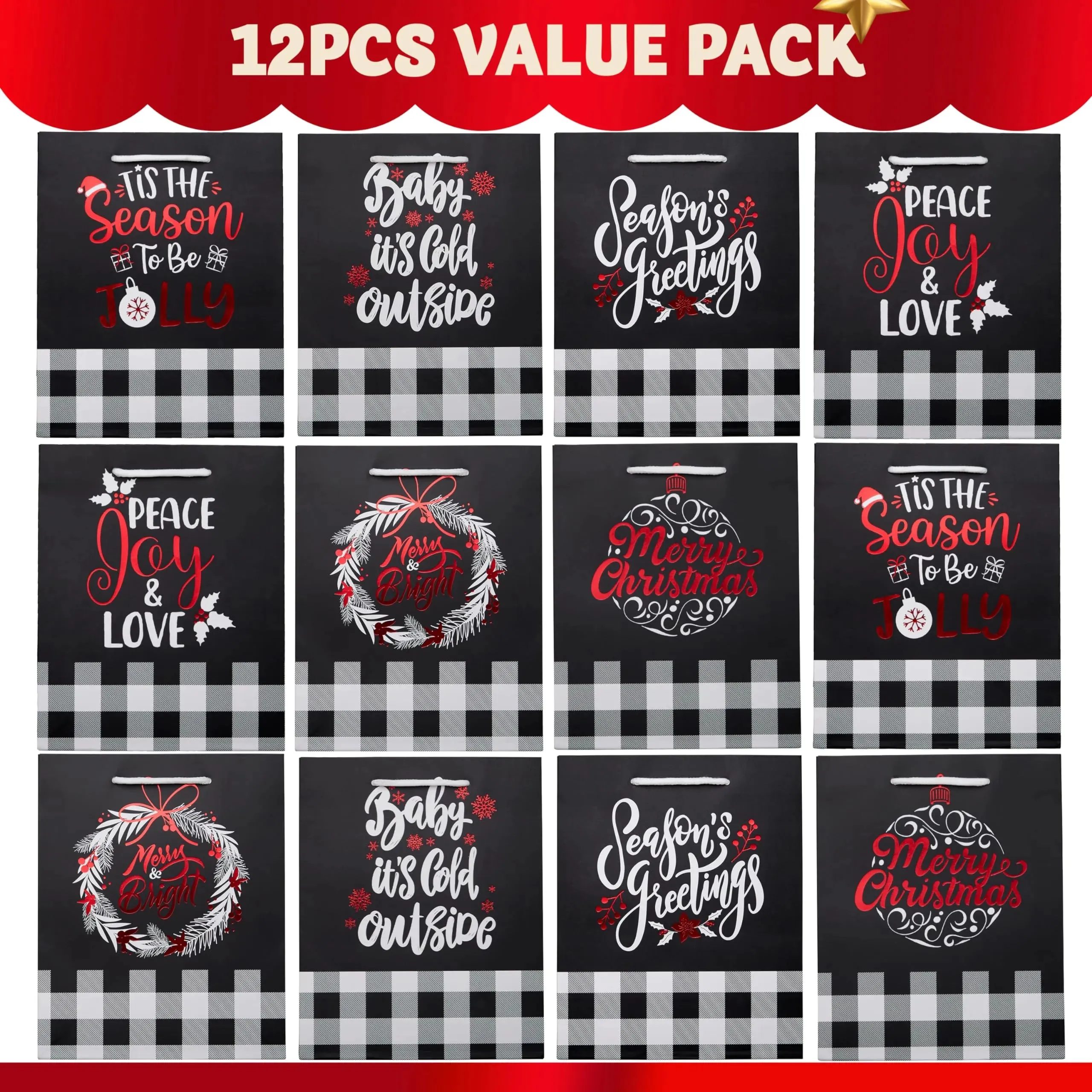 12 Pieces Plaid Christmas Gift Bags With Handles and Red Metallic Foil Details