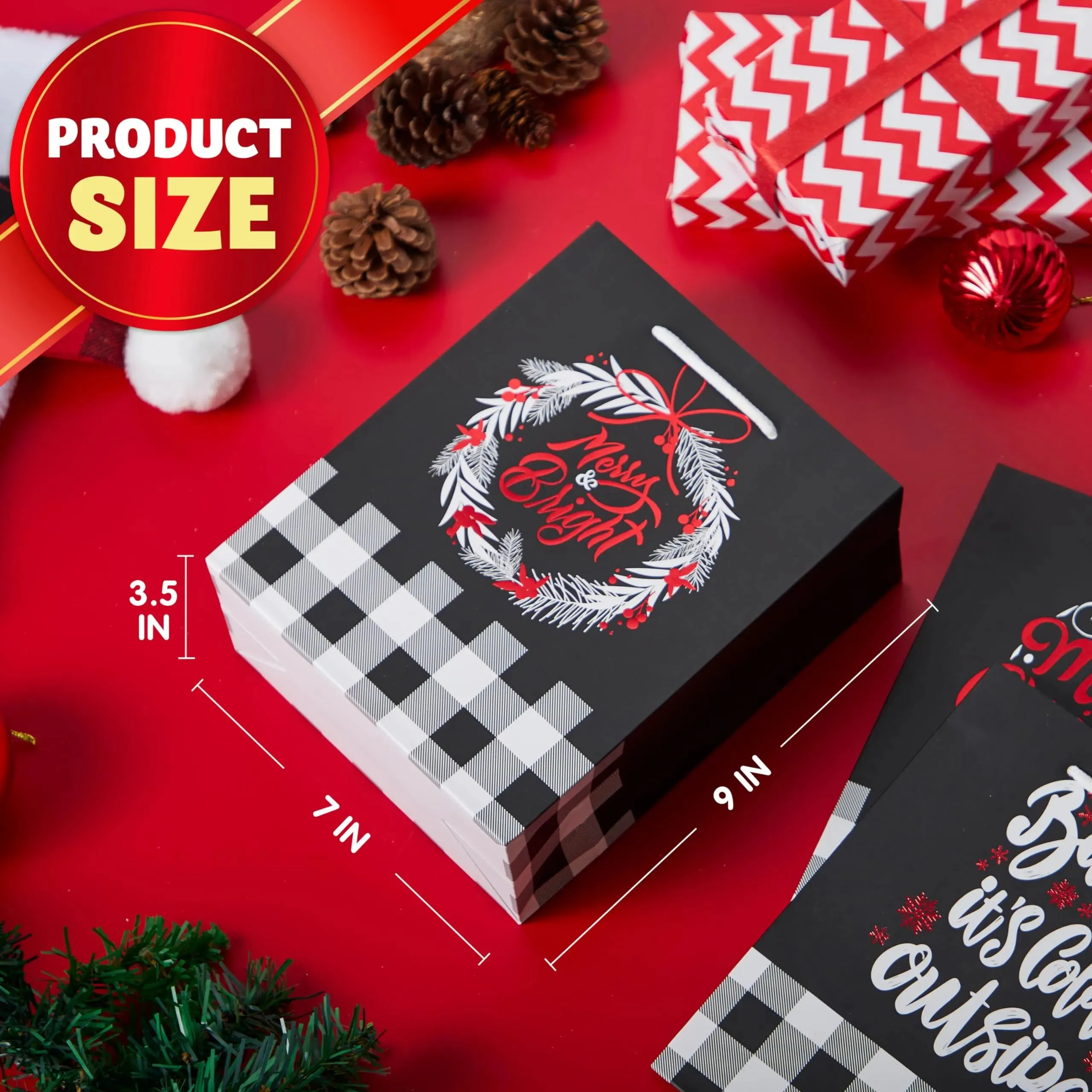 12 Pieces Plaid Christmas Gift Bags With Handles and Red Metallic Foil Details