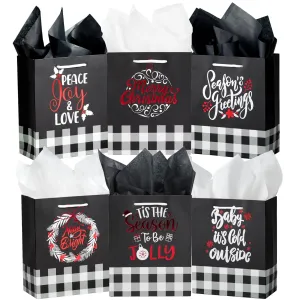 12 Pieces Plaid Christmas Gift Bags With Handles and Red Metallic Foil Details