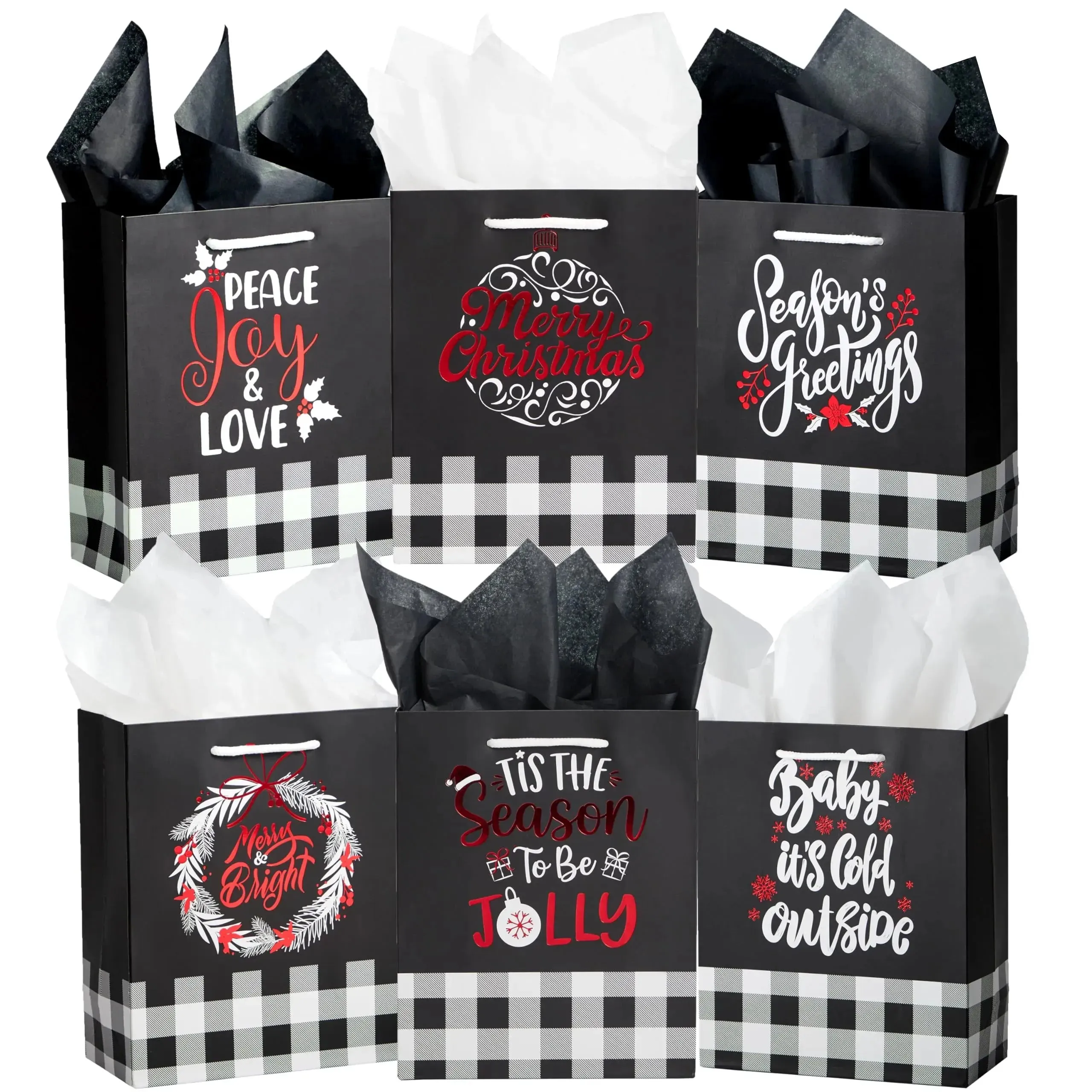 12 Pieces Plaid Christmas Gift Bags With Handles and Red Metallic Foil Details