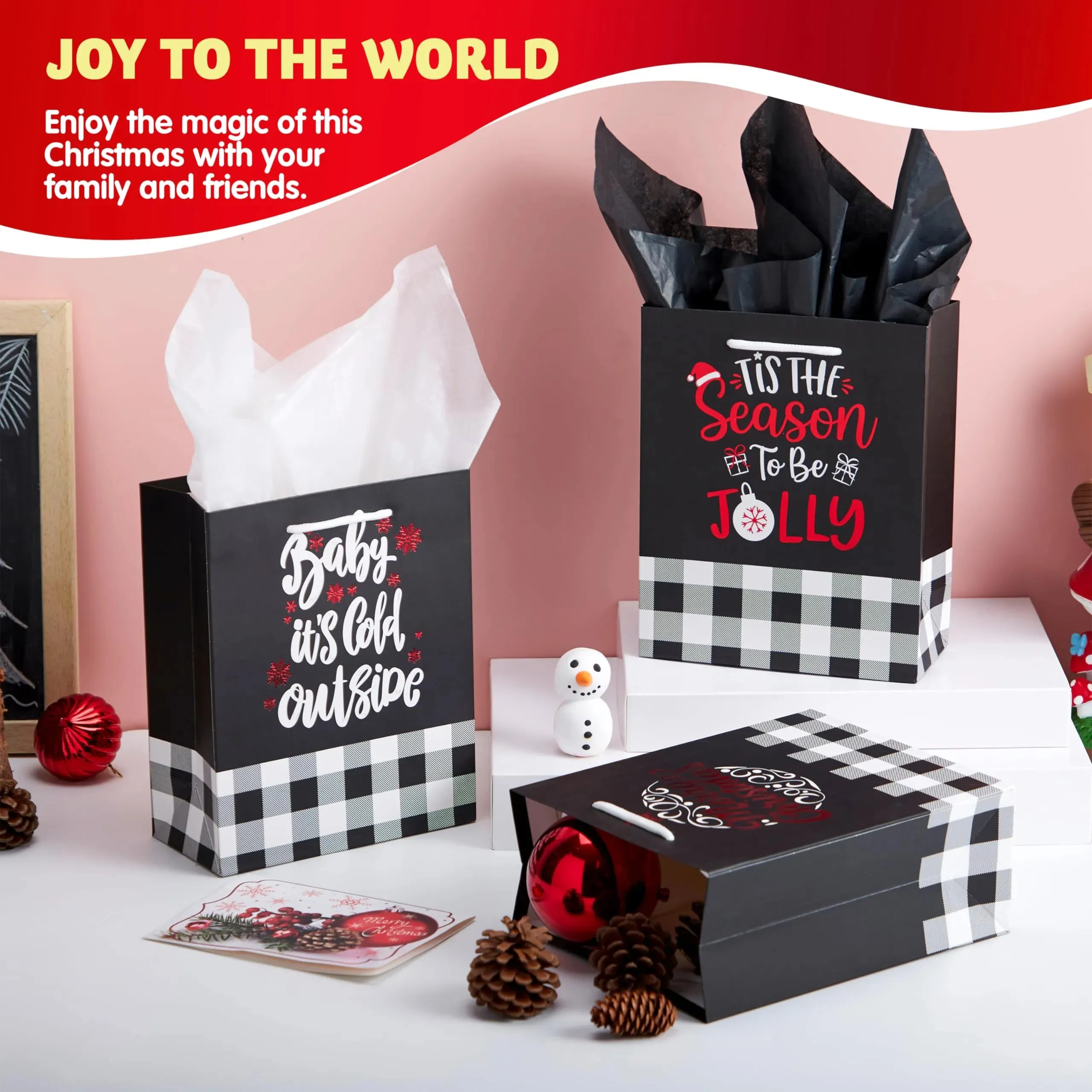 12 Pieces Plaid Christmas Gift Bags With Handles and Red Metallic Foil Details