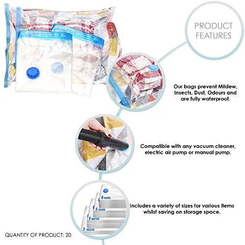 20 Premium Heavy Duty Reusable Vacuum Seal Storage Bags with Free Pump| Waterproof High Strength Double Zip Seal| Travel Space Savers for Clothes Comforters Towels Beddings Blankets| 80% More Space!