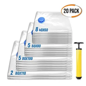 20 Premium Heavy Duty Reusable Vacuum Seal Storage Bags with Free Pump| Waterproof High Strength Double Zip Seal| Travel Space Savers for Clothes Comforters Towels Beddings Blankets| 80% More Space!