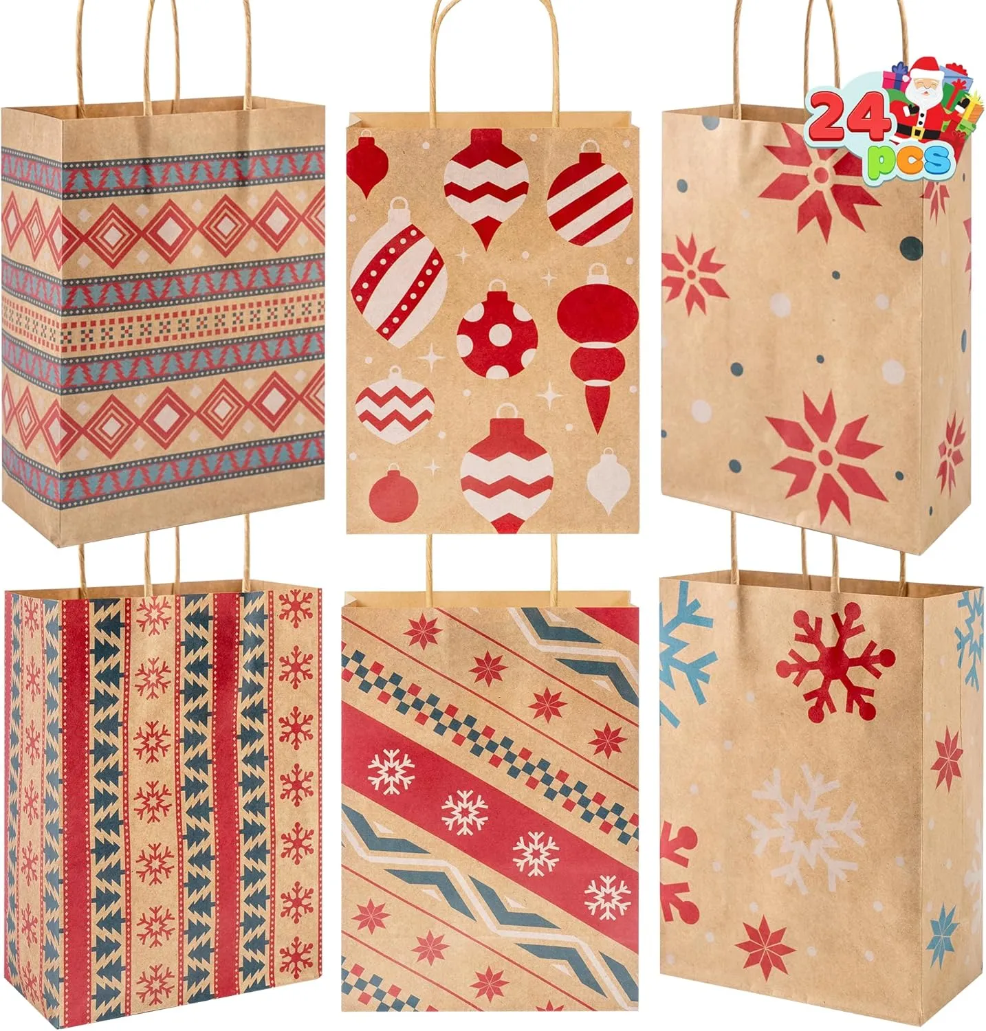 24 PCS Christmas Kraft Gift Bags Xmas Paper Goody Wrap Bags with Durable Handles and Non-Breaking Bottoms for Holidays