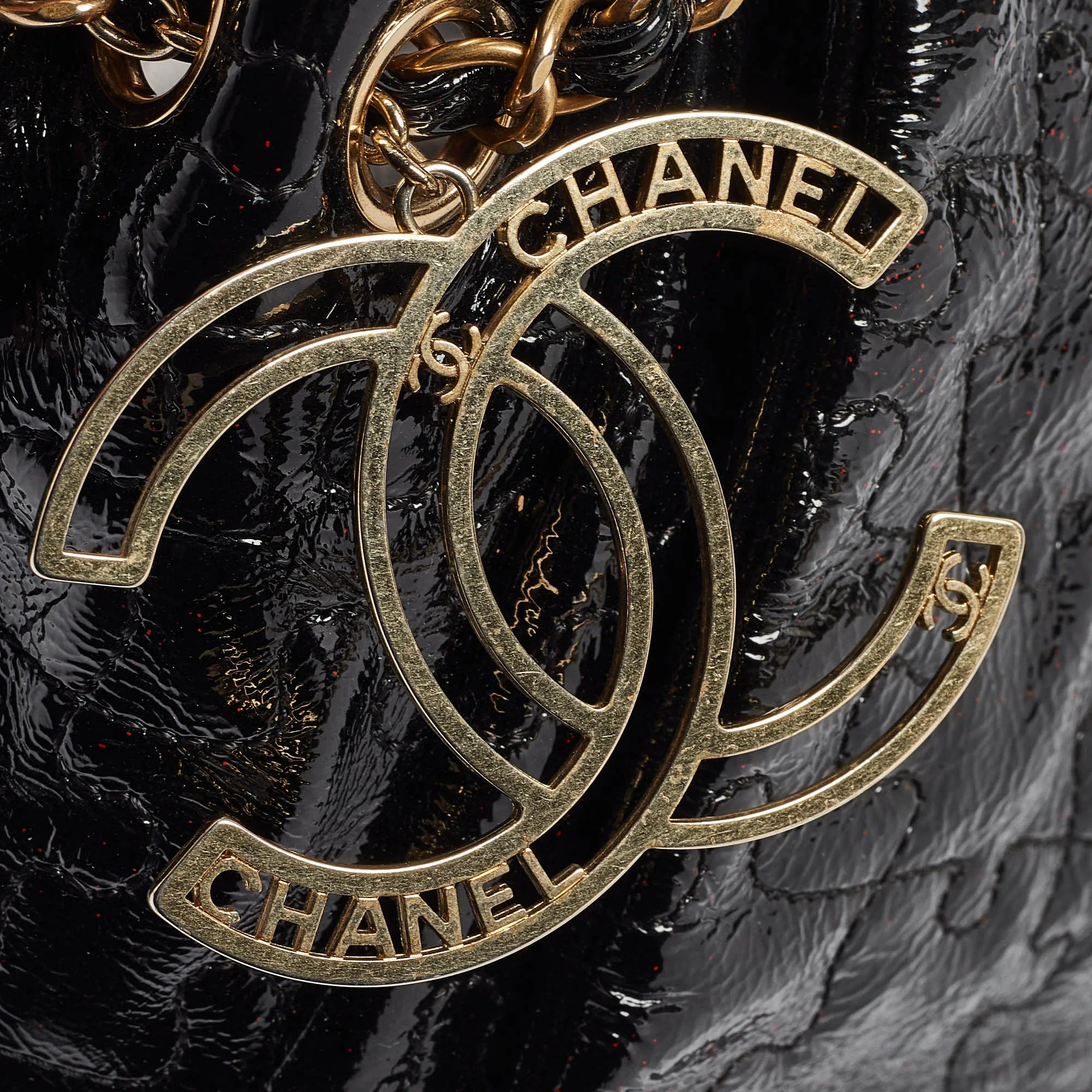 CHANEL Black Patent Leather Puzzle Accordion Flap Bag
