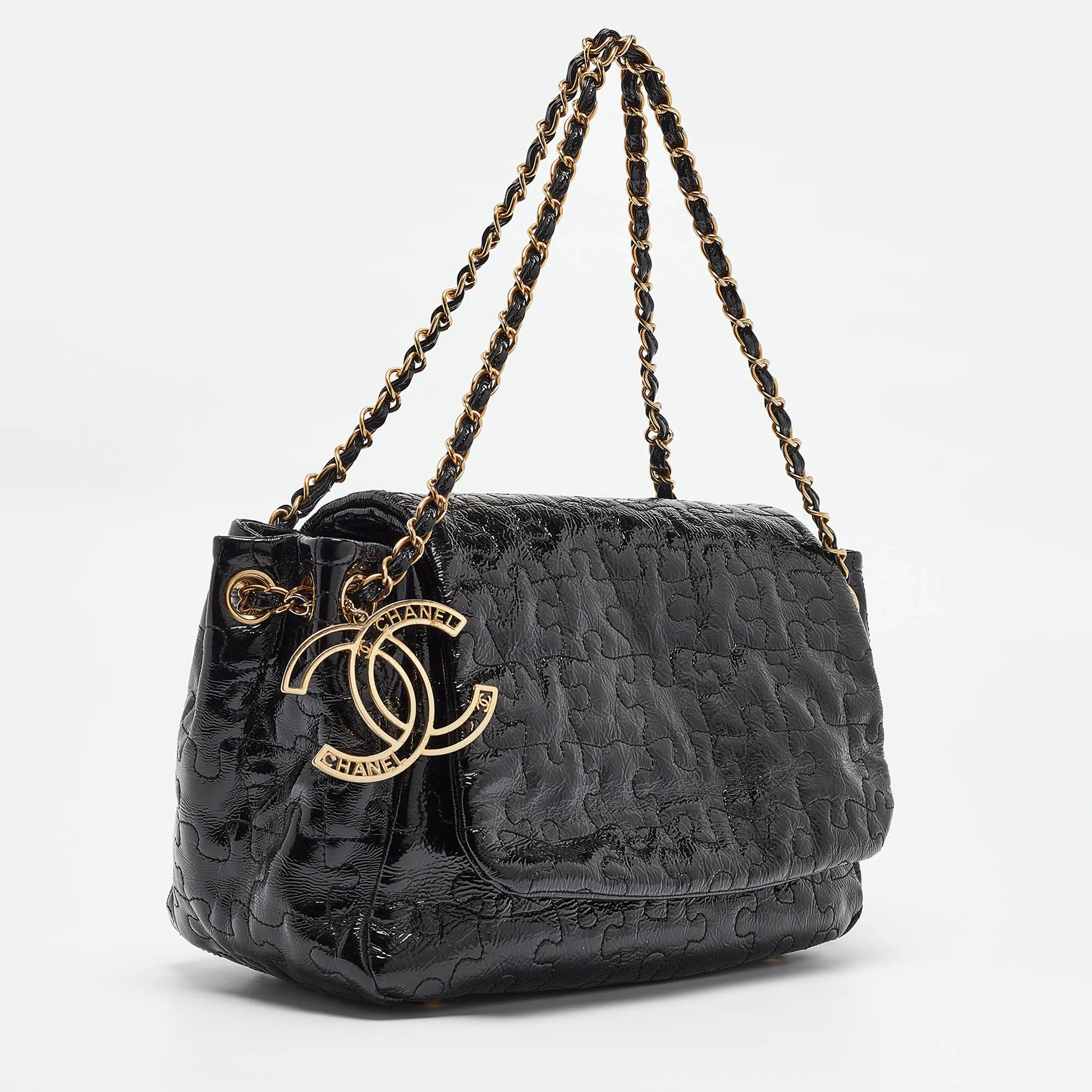 CHANEL Black Patent Leather Puzzle Accordion Flap Bag