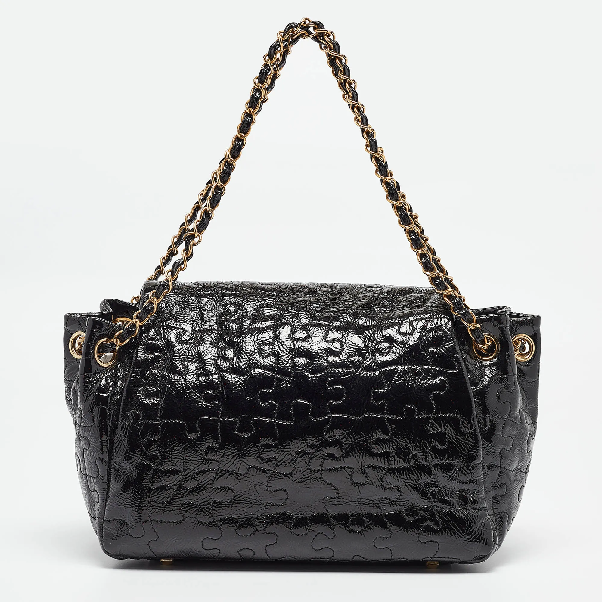 CHANEL Black Patent Leather Puzzle Accordion Flap Bag
