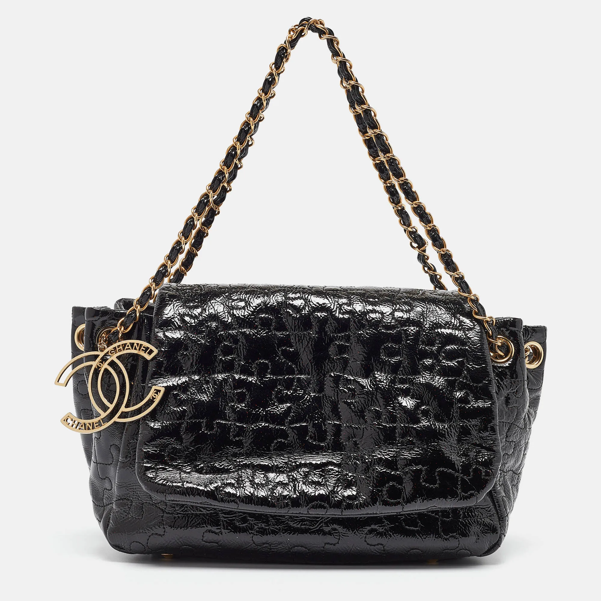 CHANEL Black Patent Leather Puzzle Accordion Flap Bag