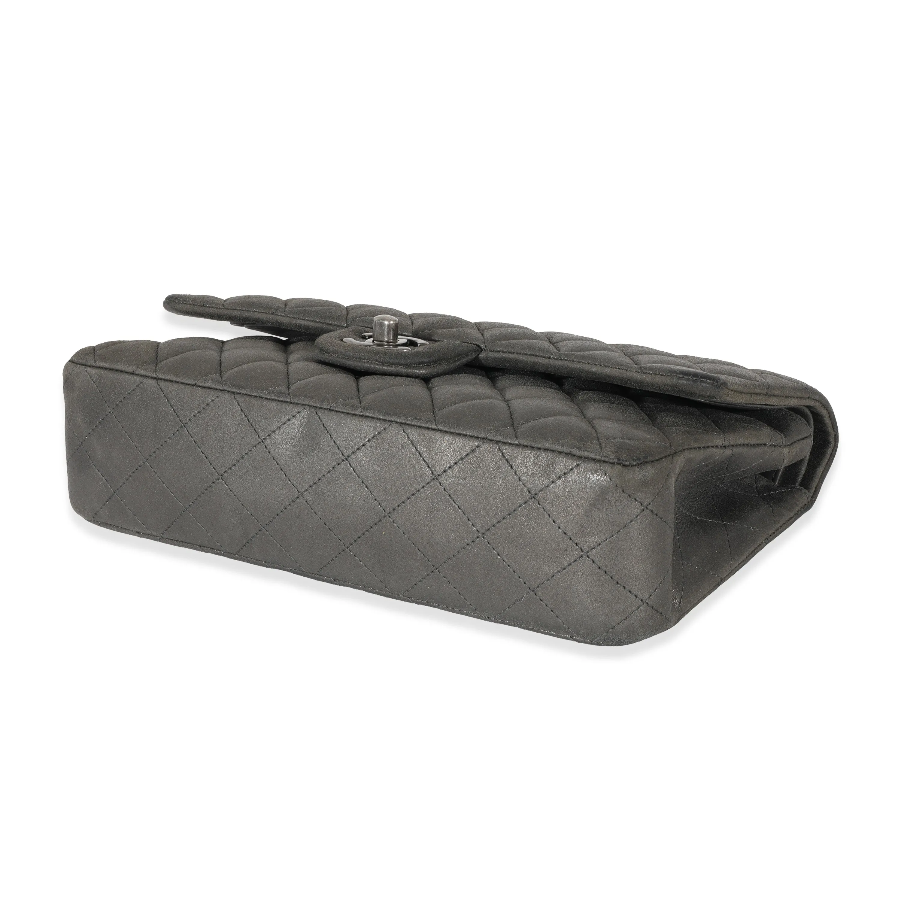 CHANEL Grey Metallic Nubuck Medium Classic Double Flap