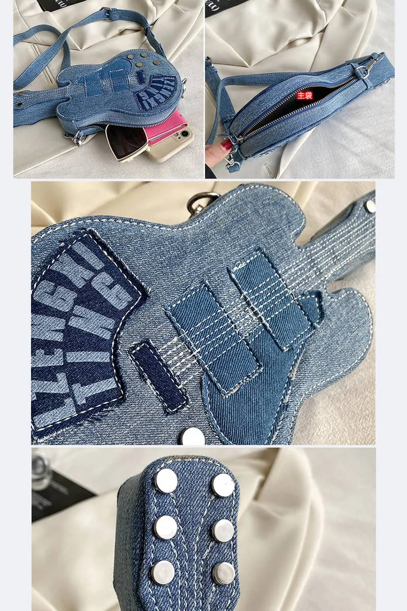Denim Crossbody Bag in Unique Guitar Shape