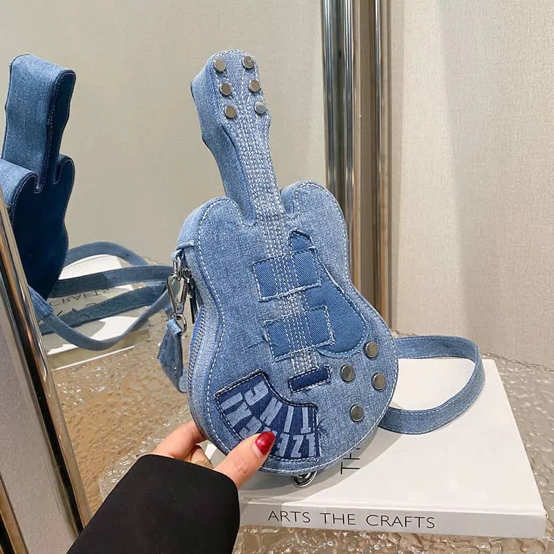 Denim Crossbody Bag in Unique Guitar Shape