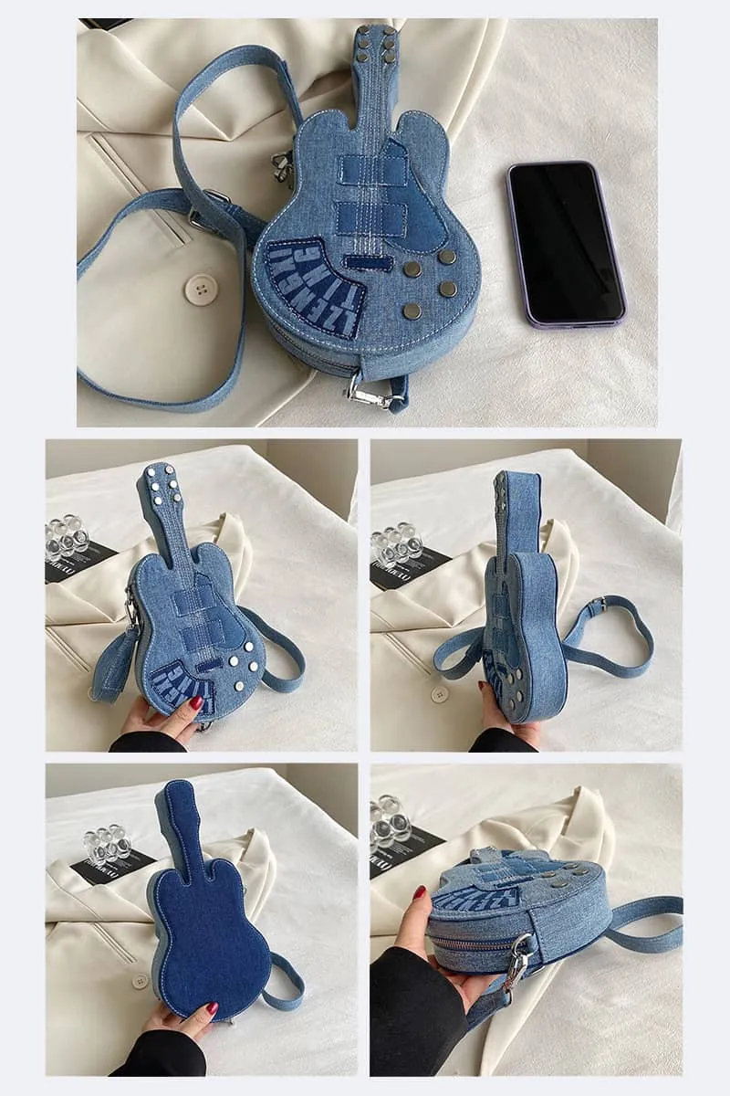 Denim Crossbody Bag in Unique Guitar Shape