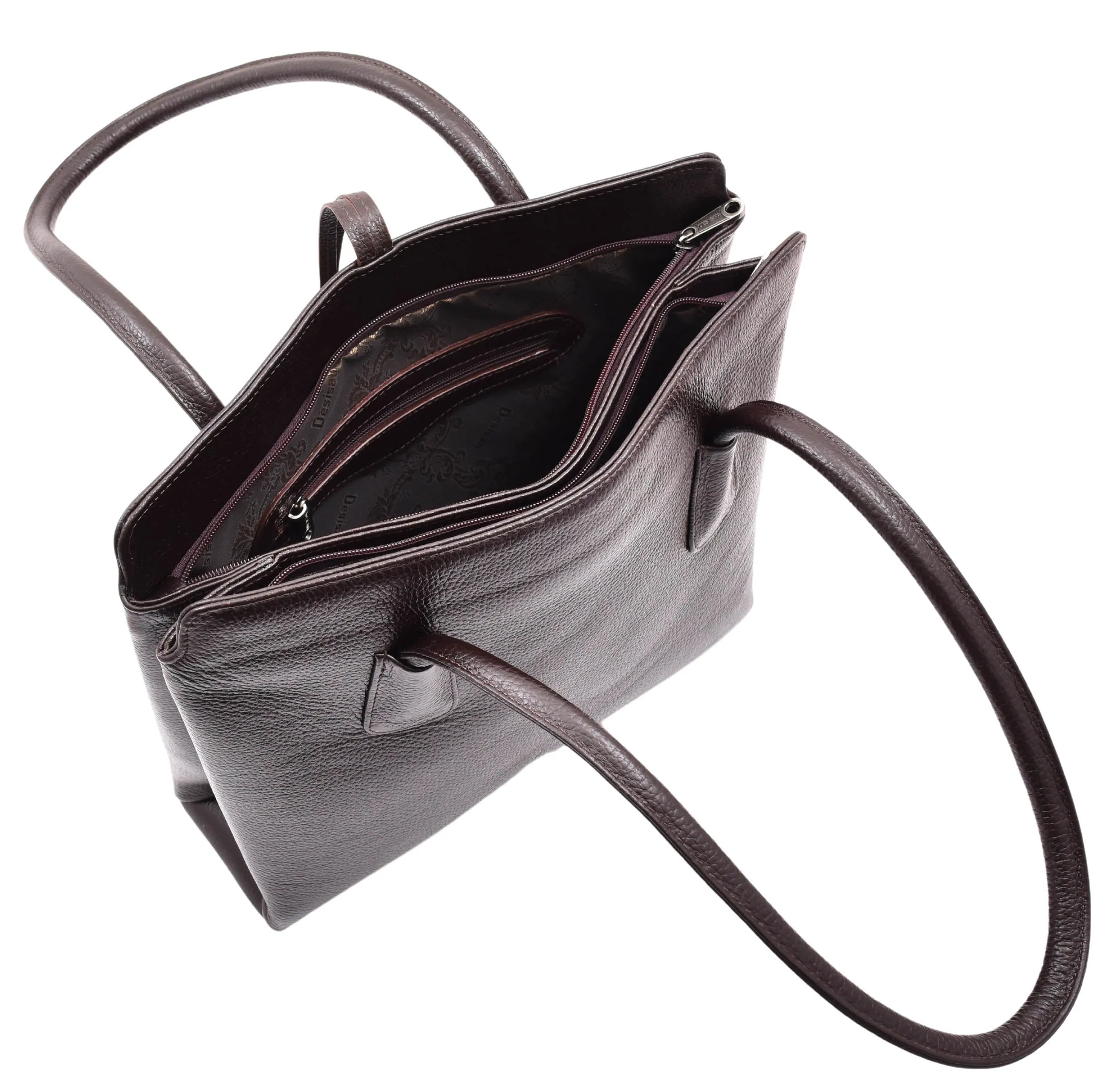 DR590 Women's Stylish Zip Opening Tote Large Shoulder Bag Brown