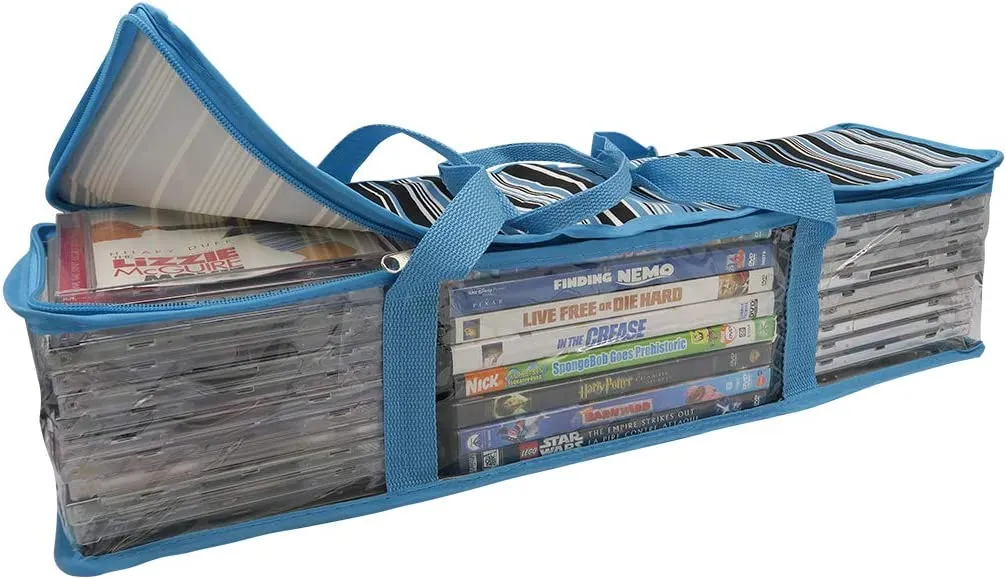 Evelots CD/DVD Storage Bag-2 in 1-Hold 24 CDs/8 DVDs Each Bag-Blue Stripe-Set of 2