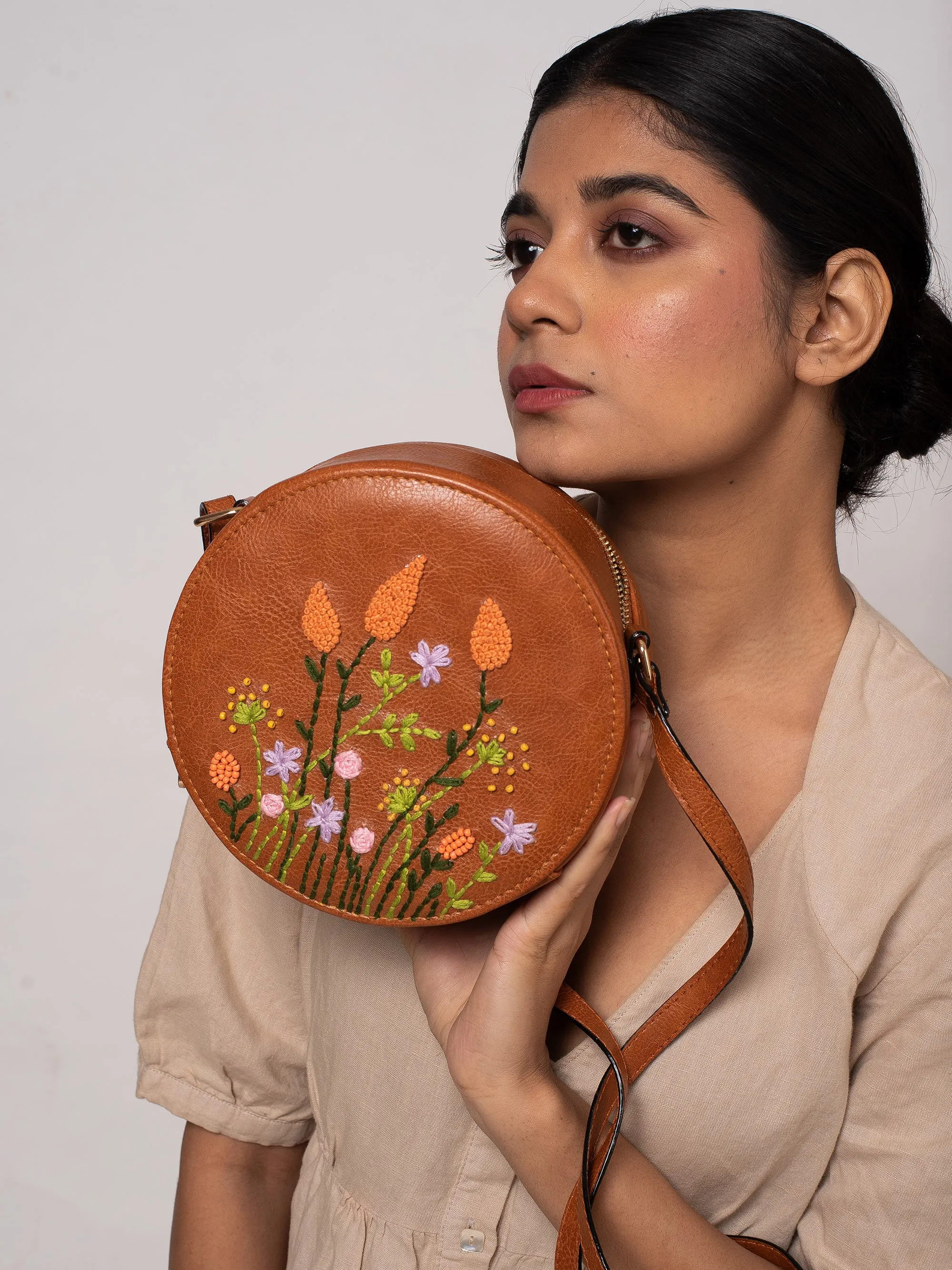 Hand Embroidered Peach Cornfield Round  Sling Bag