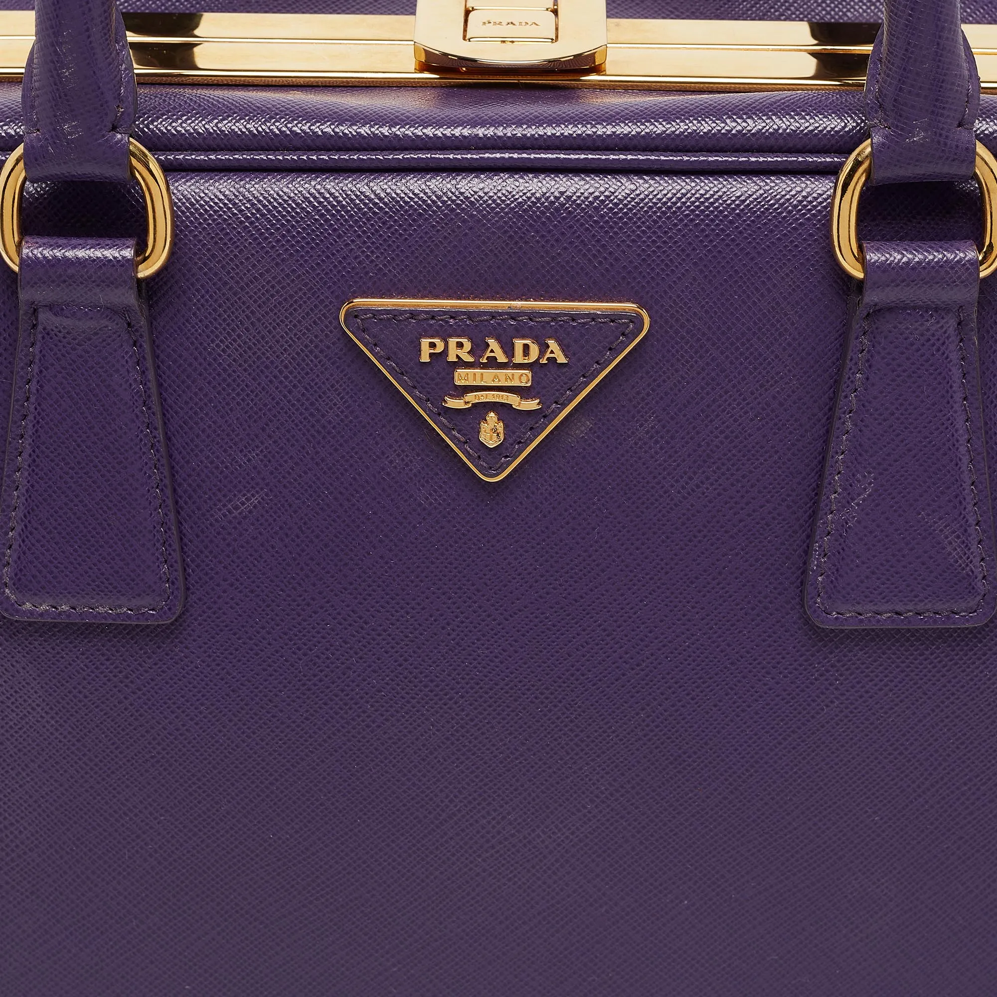 Prada Purple Saffiano Lux Leather Pyramid Frame Satchel