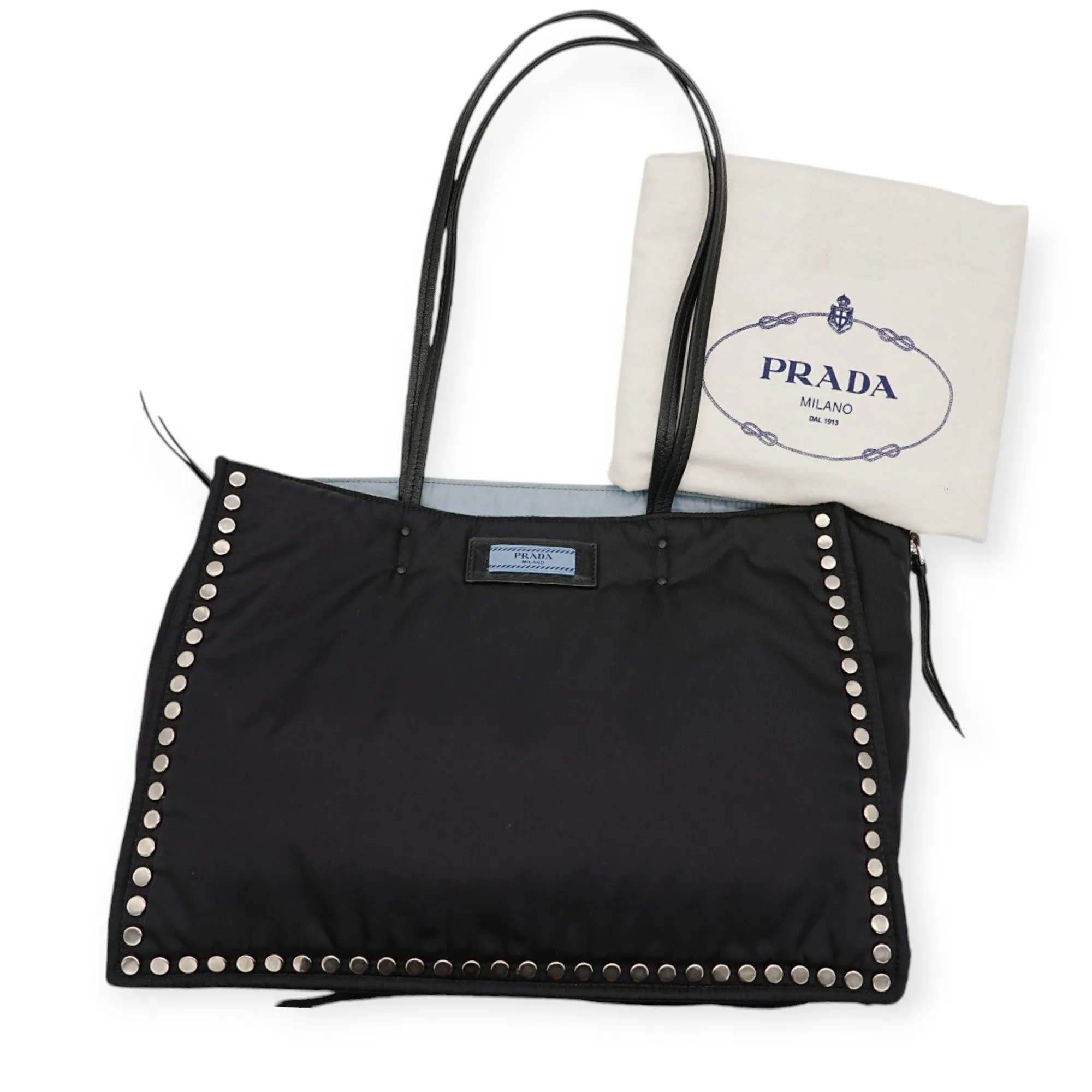 Prada Re-Nylon Black and Blue Riveted Tote Bag - '20s