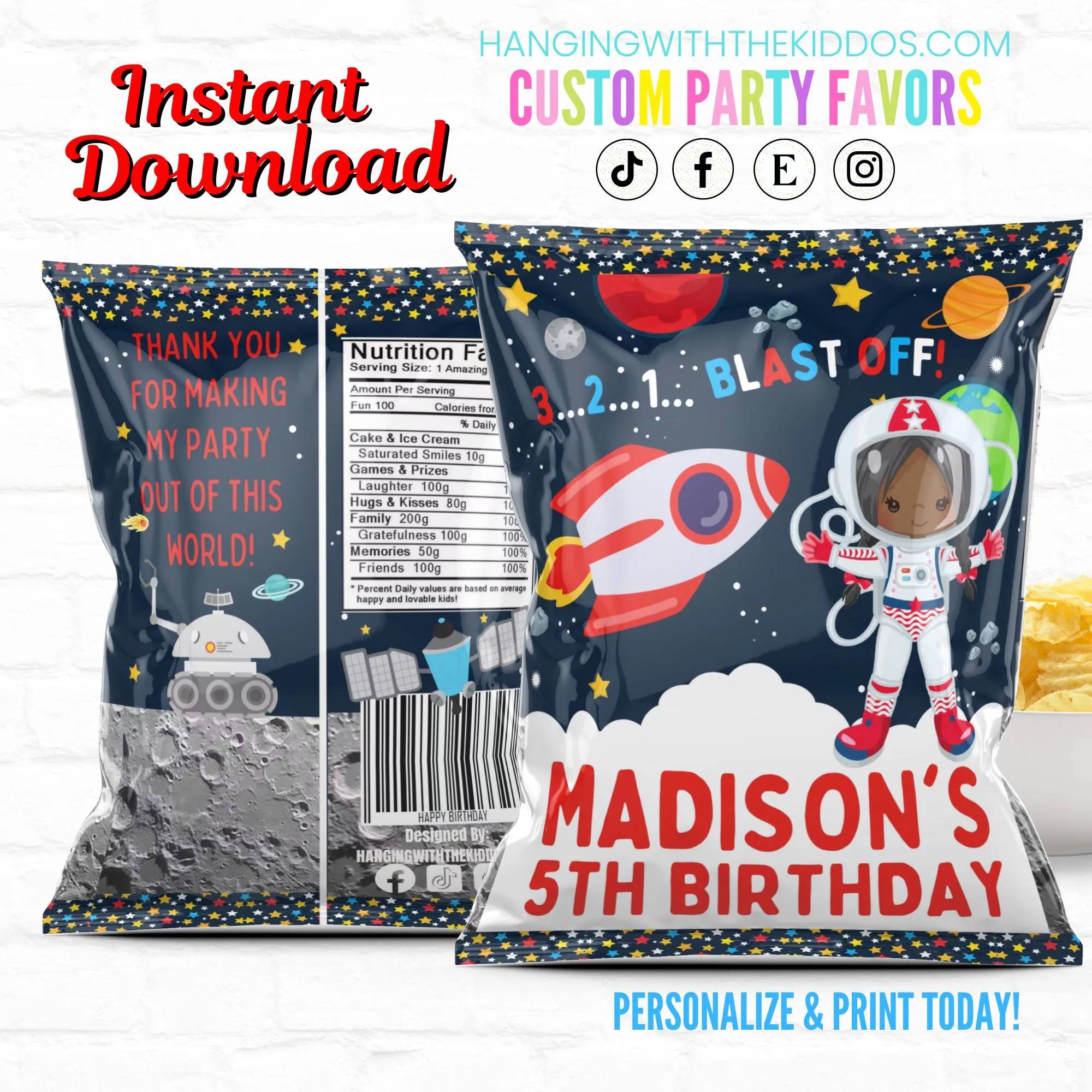 Space Birthday Personalized Party Favor Chip Bag Girl Astronaut|Printable File