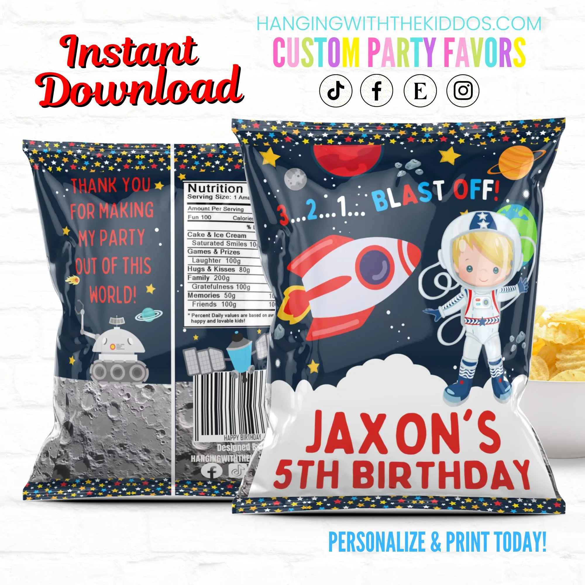 Space Party Personalized Party Favor Chip Bag Boy Astronaut|Printable File
