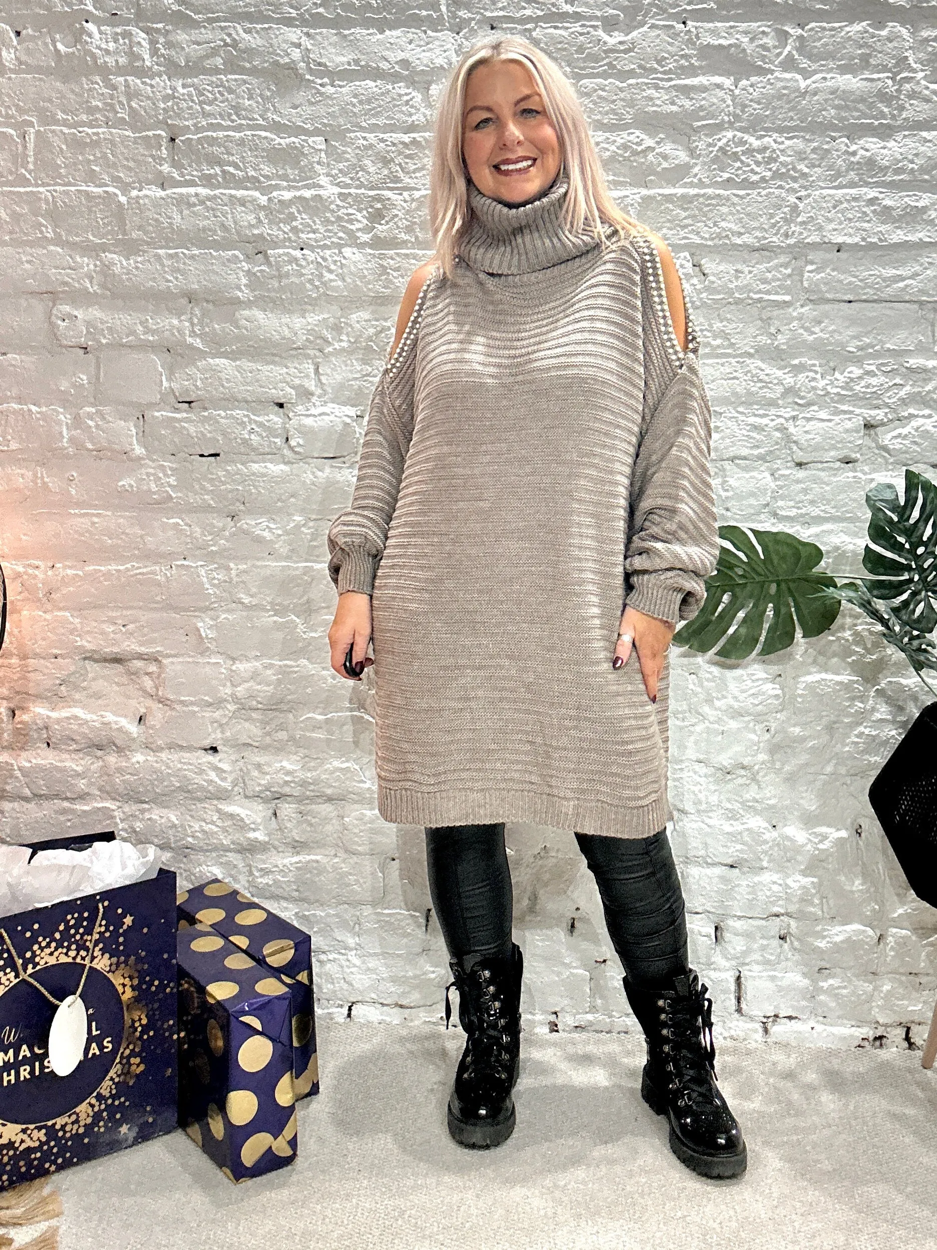 The Stella Oversized Chunky Roll Neck Cold Shoulder Adorned With Pearls