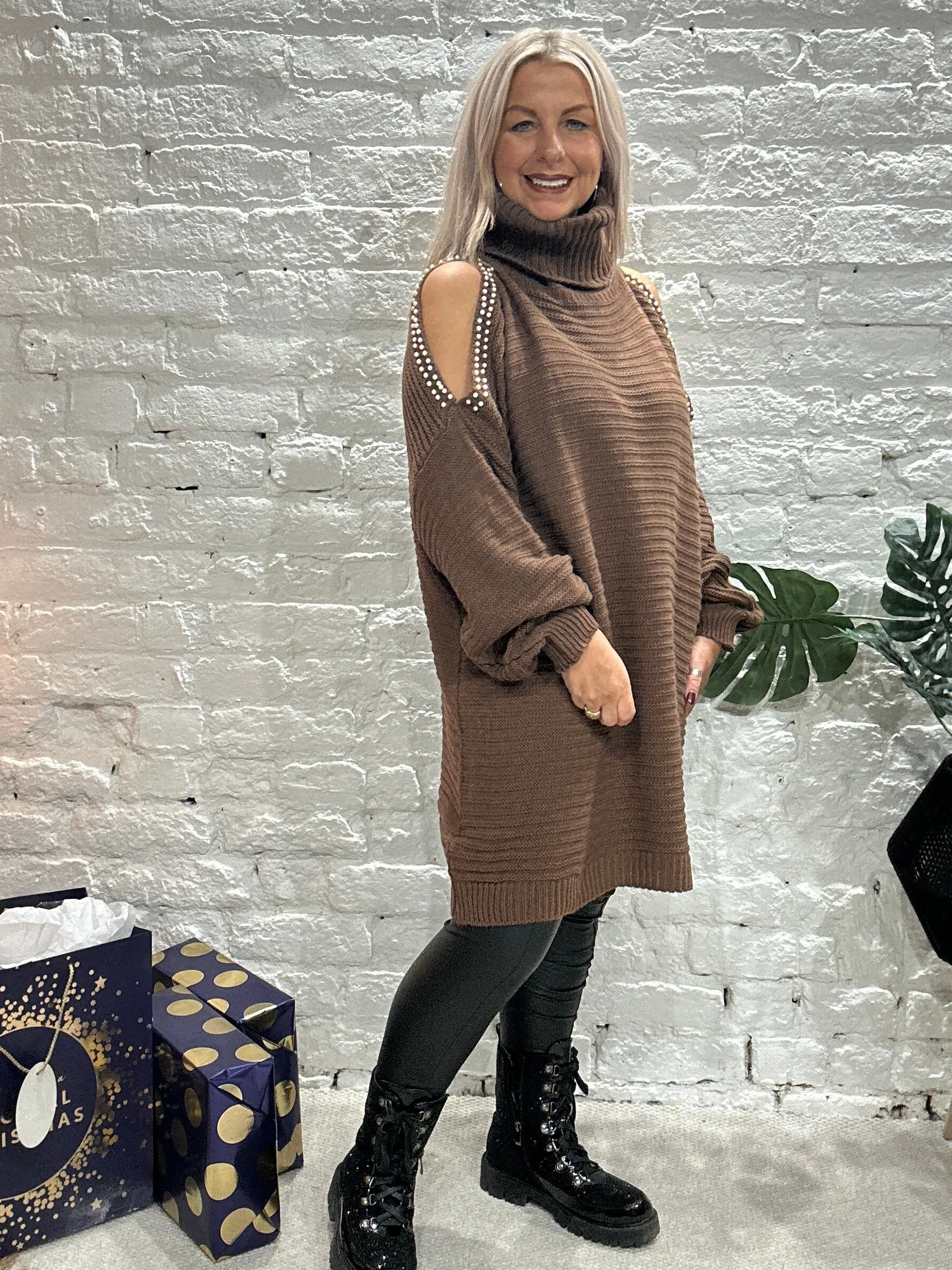 The Stella Oversized Chunky Roll Neck Cold Shoulder Adorned With Pearls