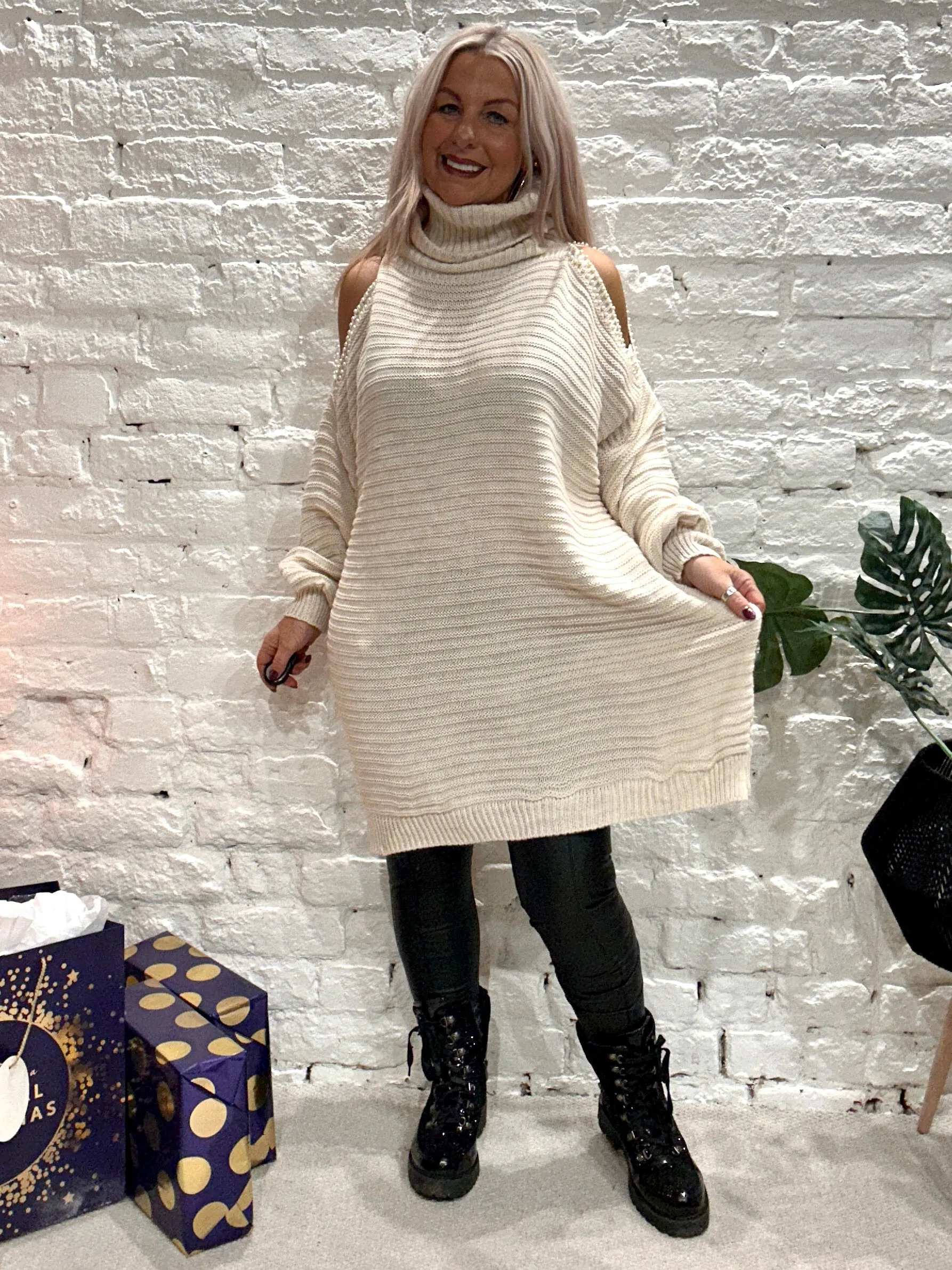 The Stella Oversized Chunky Roll Neck Cold Shoulder Adorned With Pearls