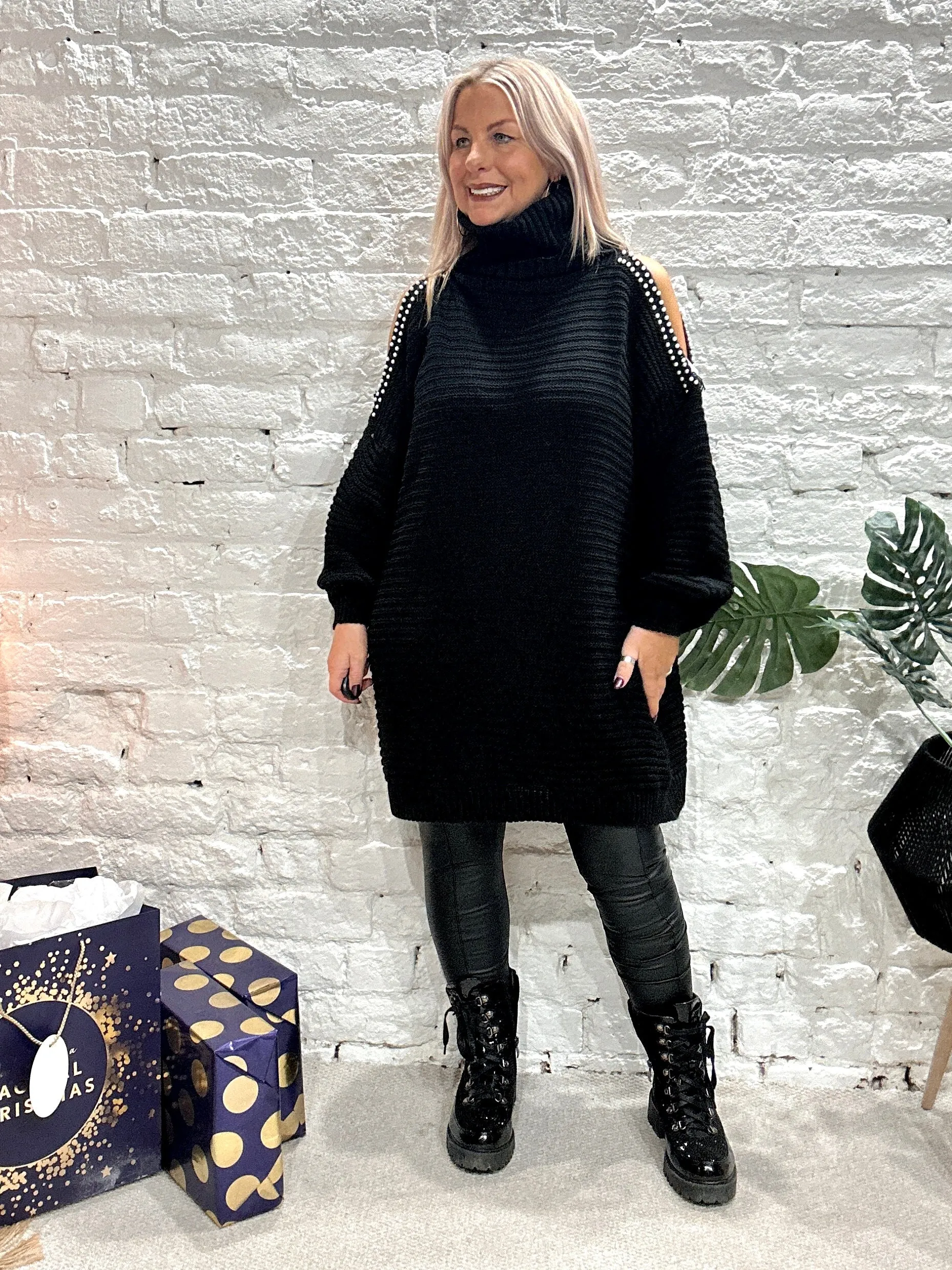 The Stella Oversized Chunky Roll Neck Cold Shoulder Adorned With Pearls