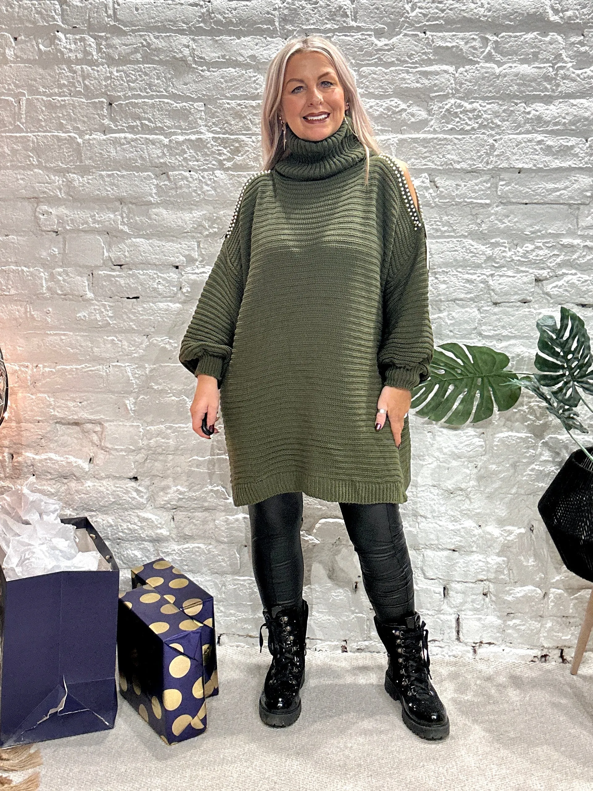 The Stella Oversized Chunky Roll Neck Cold Shoulder Adorned With Pearls