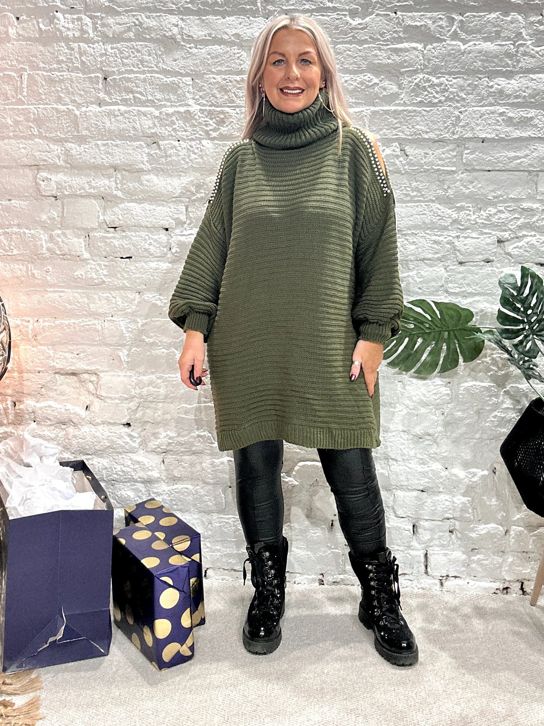 The Stella Oversized Chunky Roll Neck Cold Shoulder Adorned With Pearls