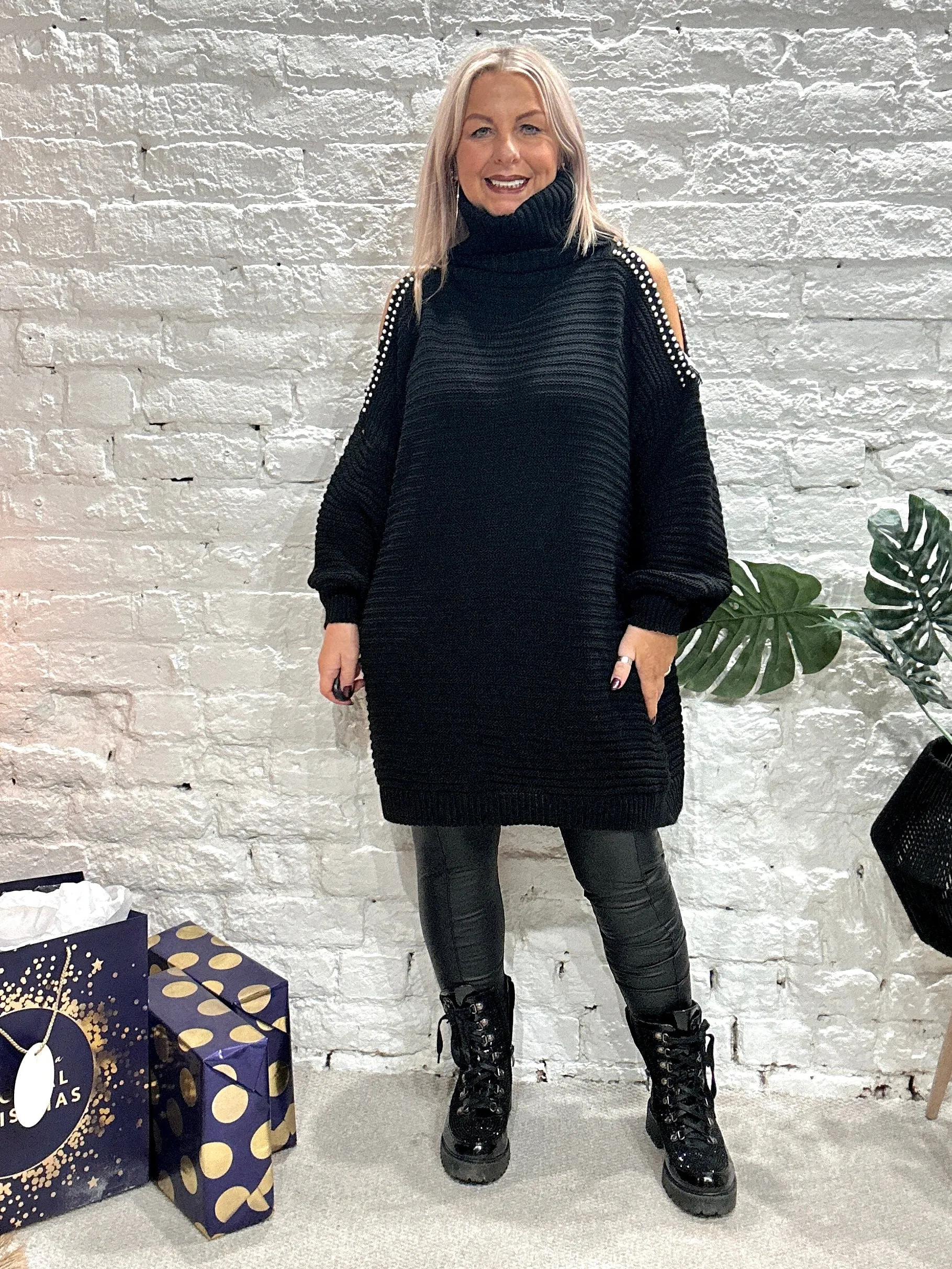 The Stella Oversized Chunky Roll Neck Cold Shoulder Adorned With Pearls