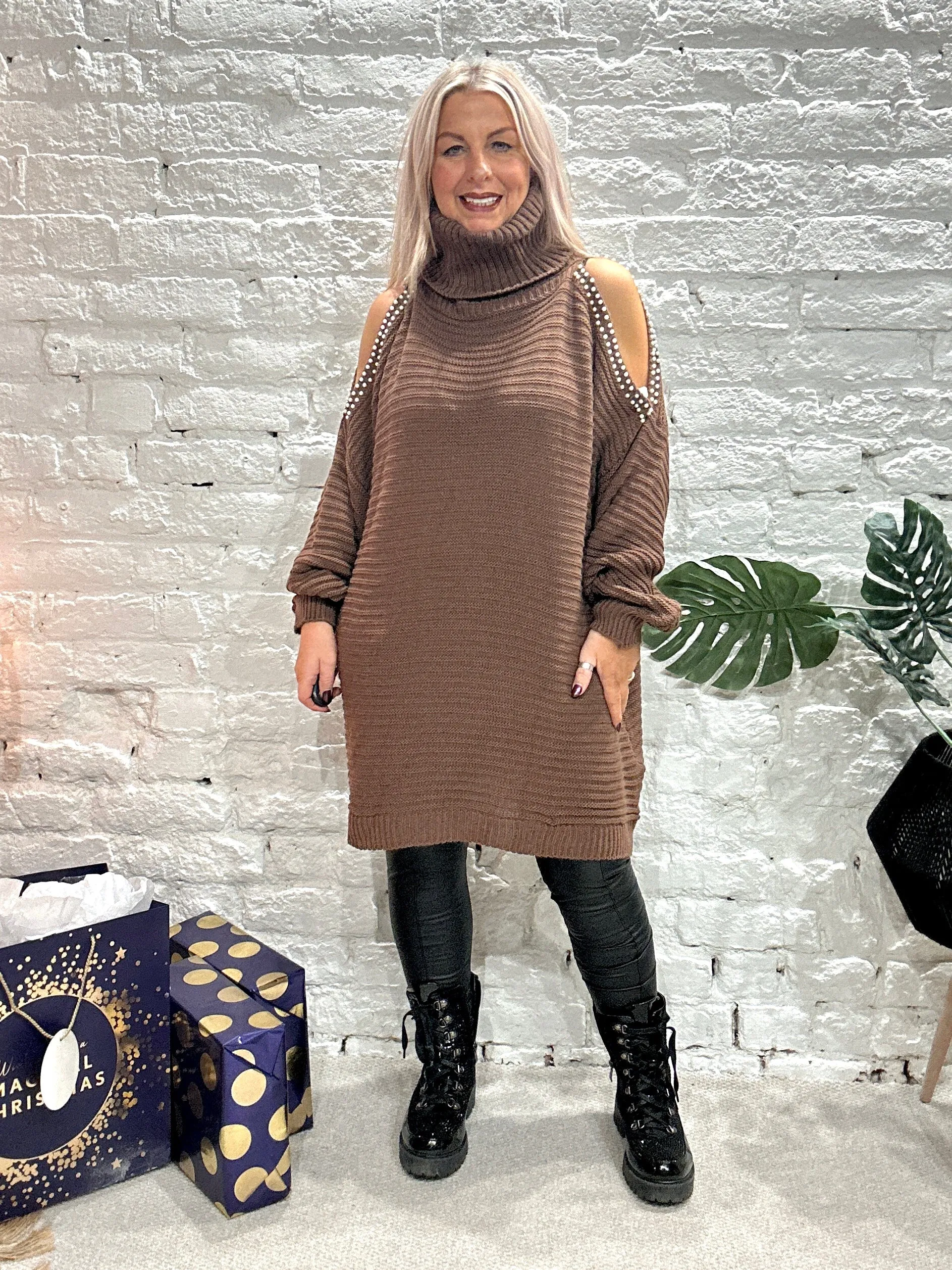 The Stella Oversized Chunky Roll Neck Cold Shoulder Adorned With Pearls