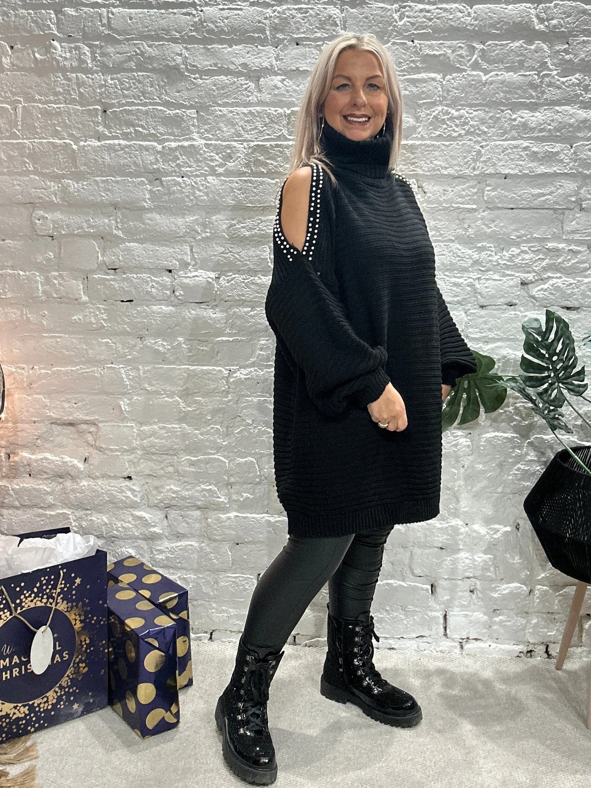 The Stella Oversized Chunky Roll Neck Cold Shoulder Adorned With Pearls