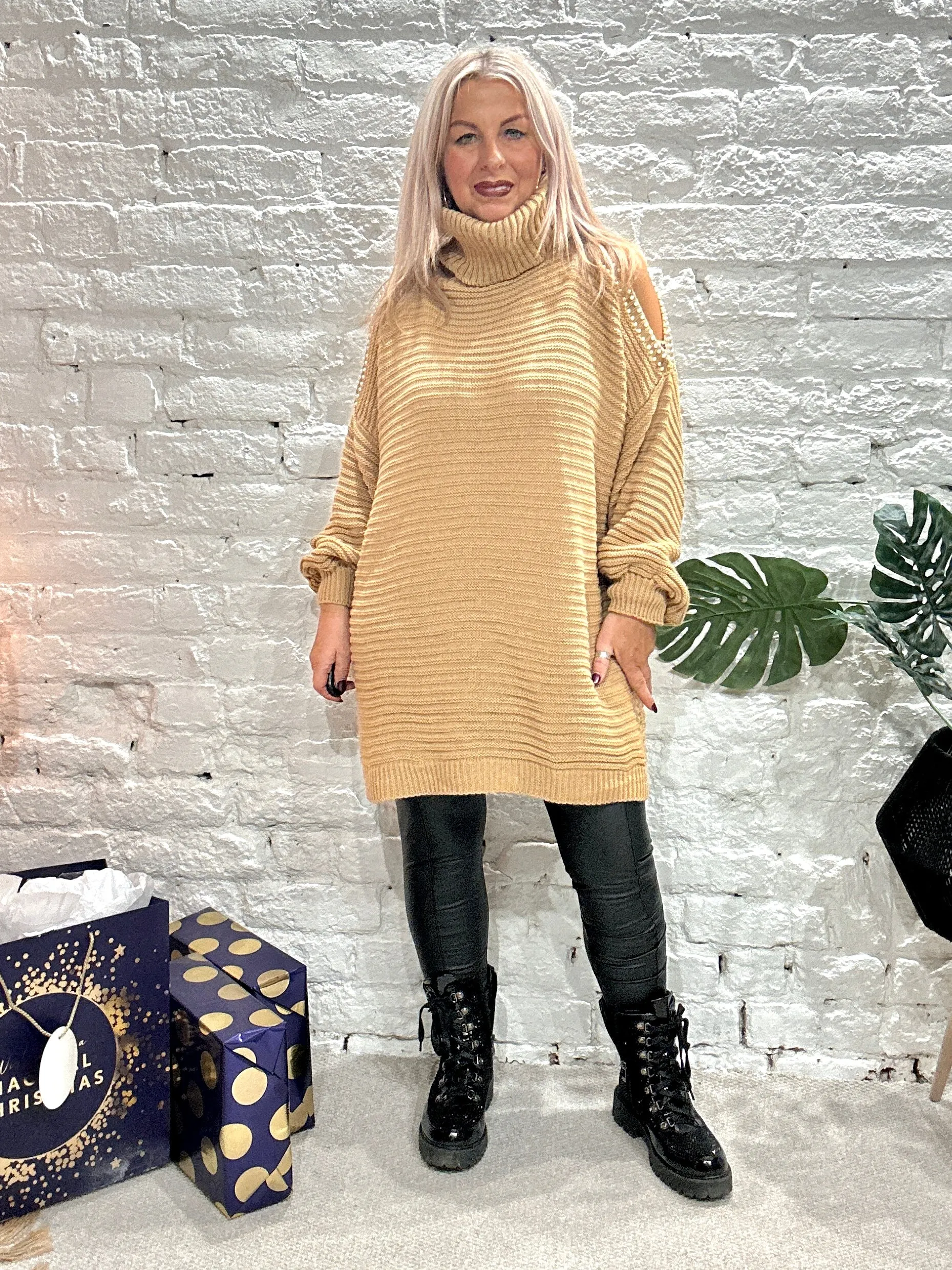 The Stella Oversized Chunky Roll Neck Cold Shoulder Adorned With Pearls