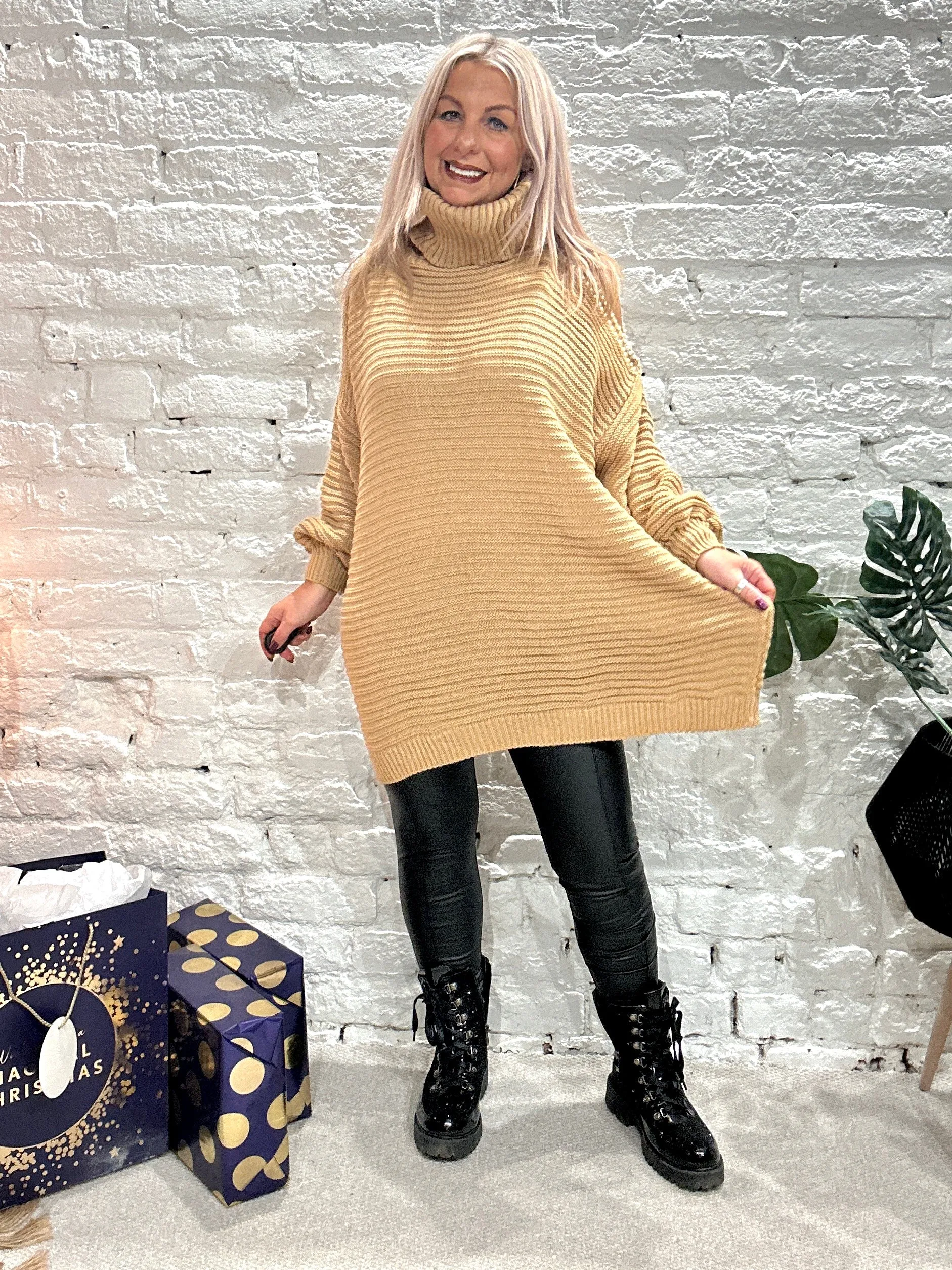 The Stella Oversized Chunky Roll Neck Cold Shoulder Adorned With Pearls
