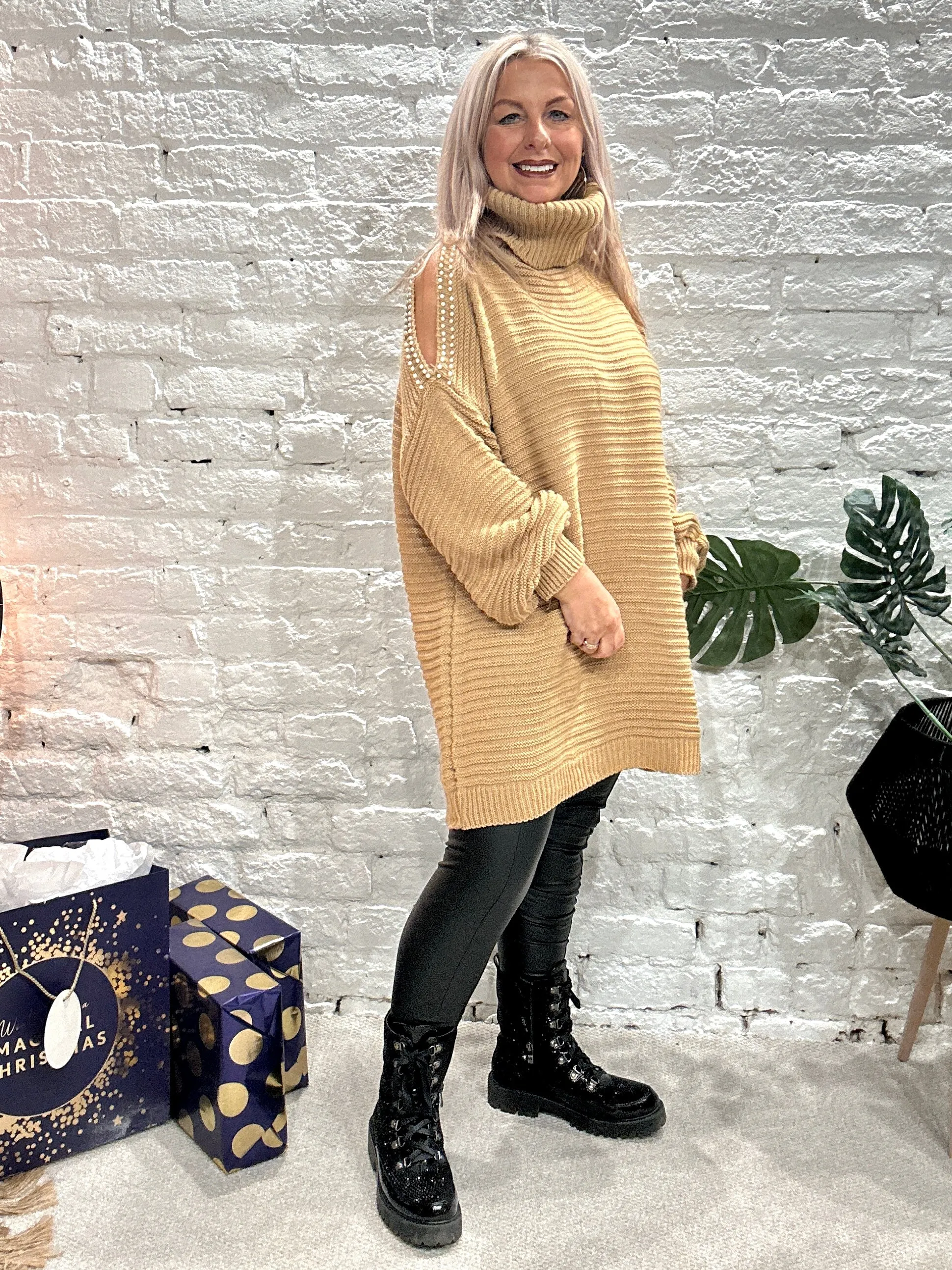 The Stella Oversized Chunky Roll Neck Cold Shoulder Adorned With Pearls