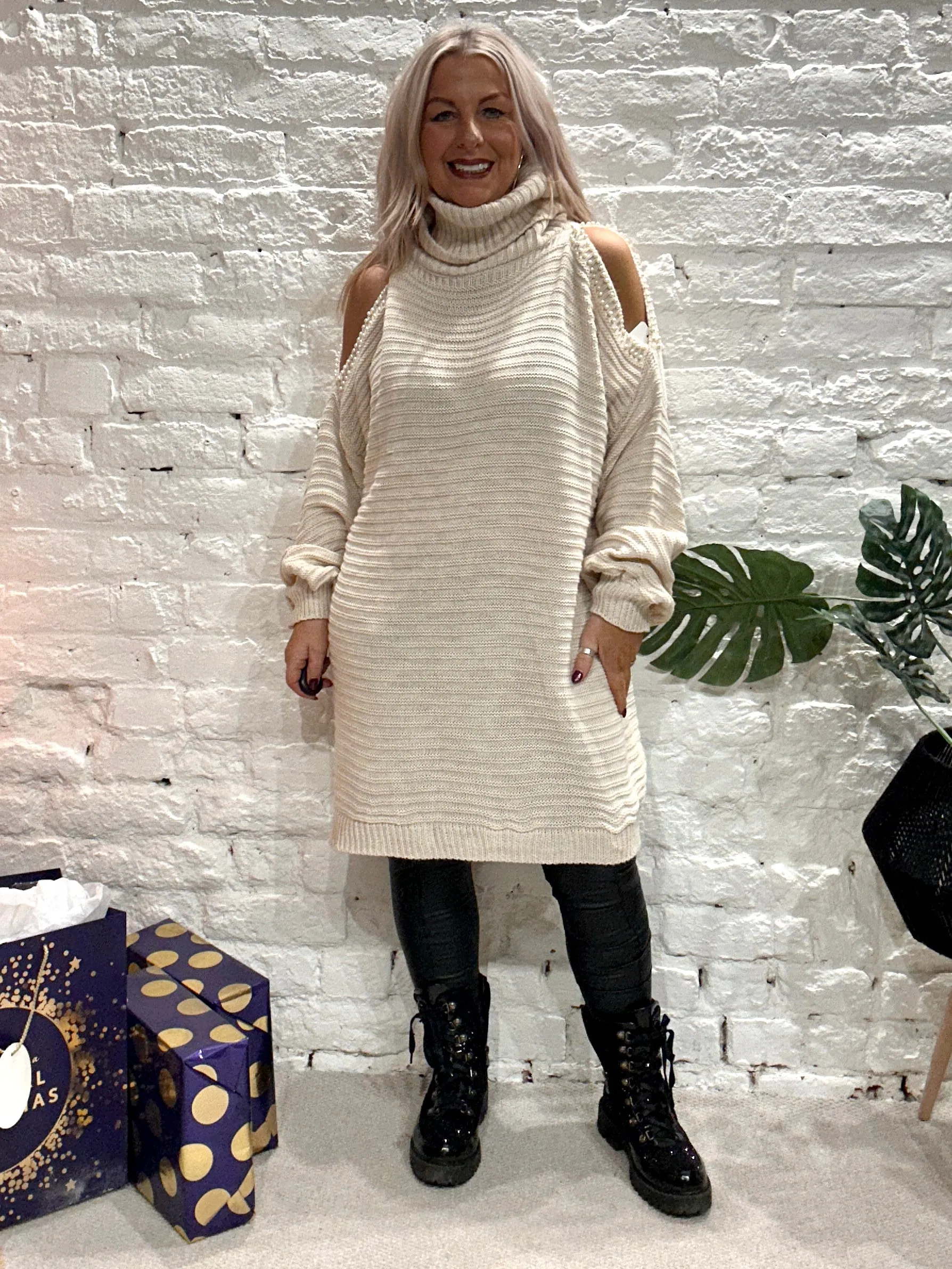 The Stella Oversized Chunky Roll Neck Cold Shoulder Adorned With Pearls