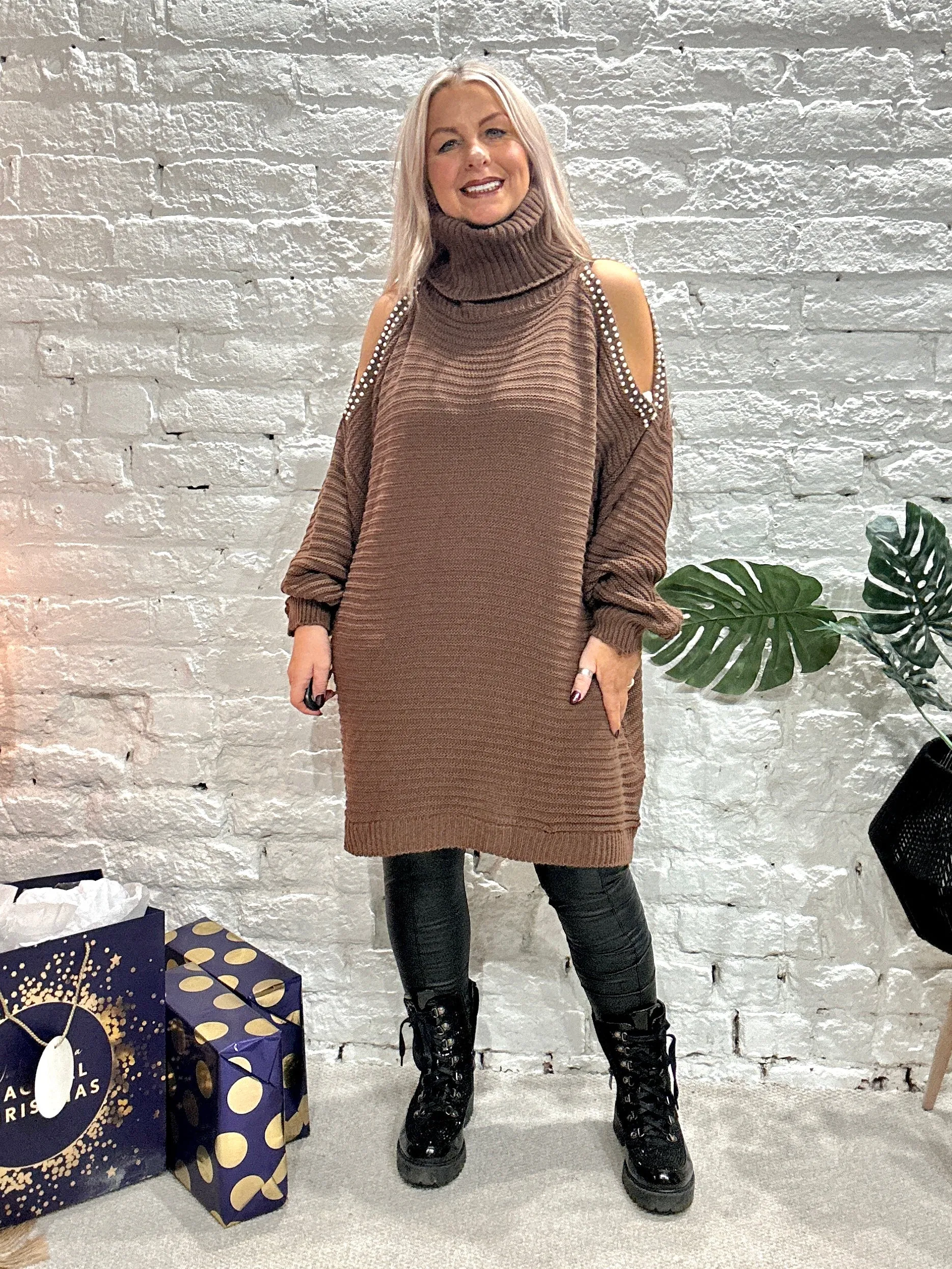 The Stella Oversized Chunky Roll Neck Cold Shoulder Adorned With Pearls
