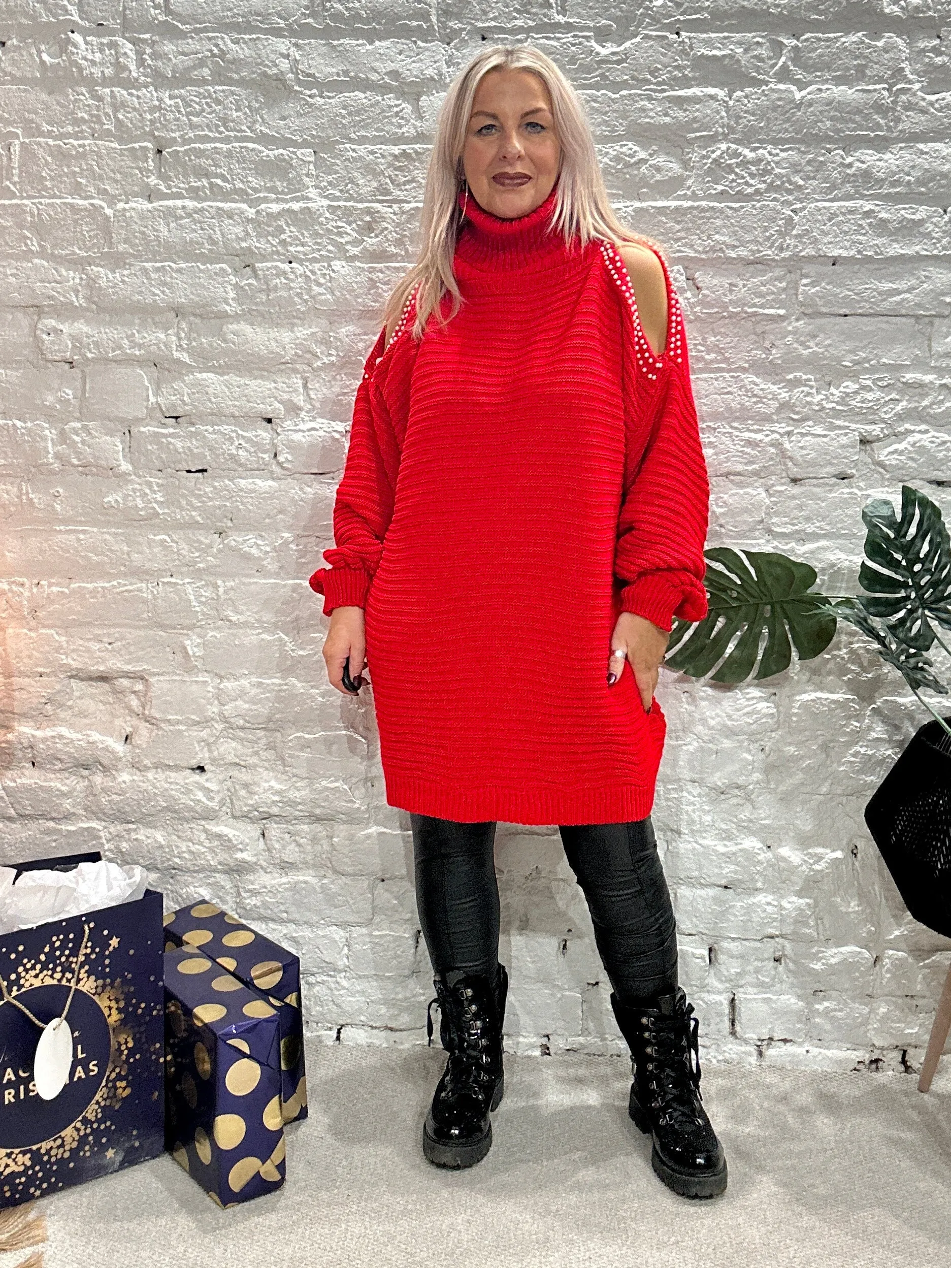 The Stella Oversized Chunky Roll Neck Cold Shoulder Adorned With Pearls