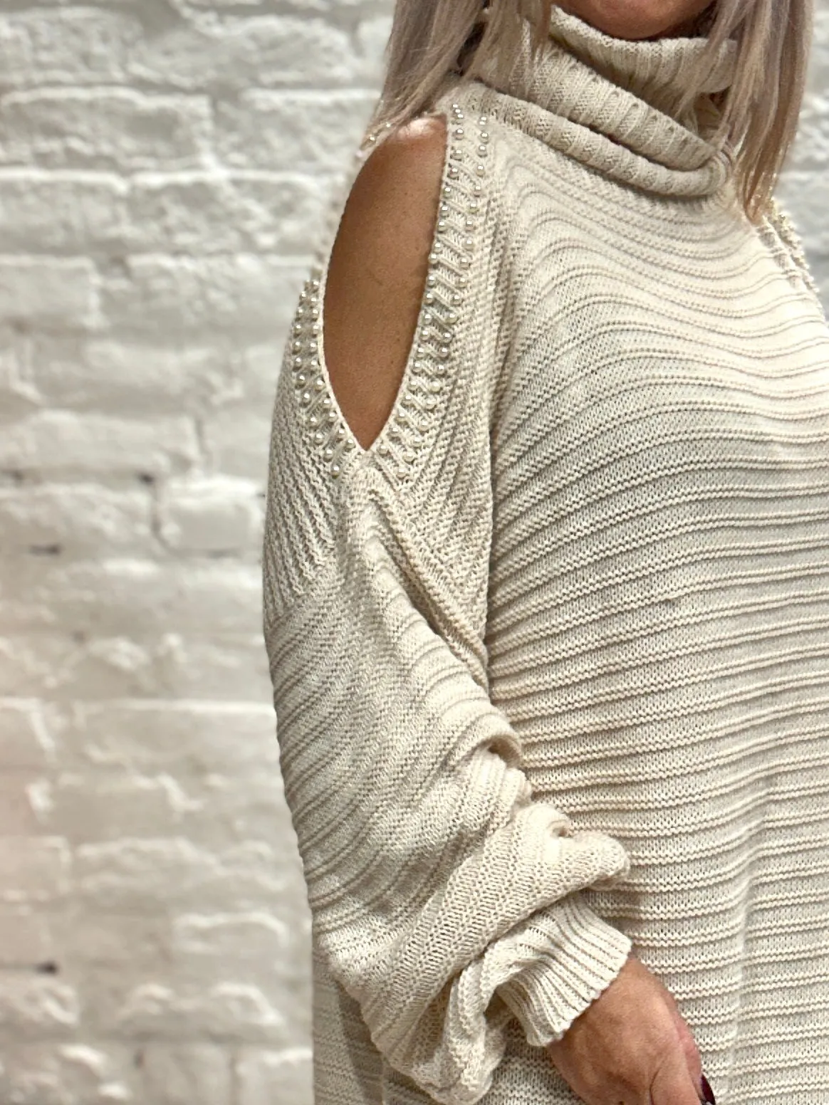 The Stella Oversized Chunky Roll Neck Cold Shoulder Adorned With Pearls