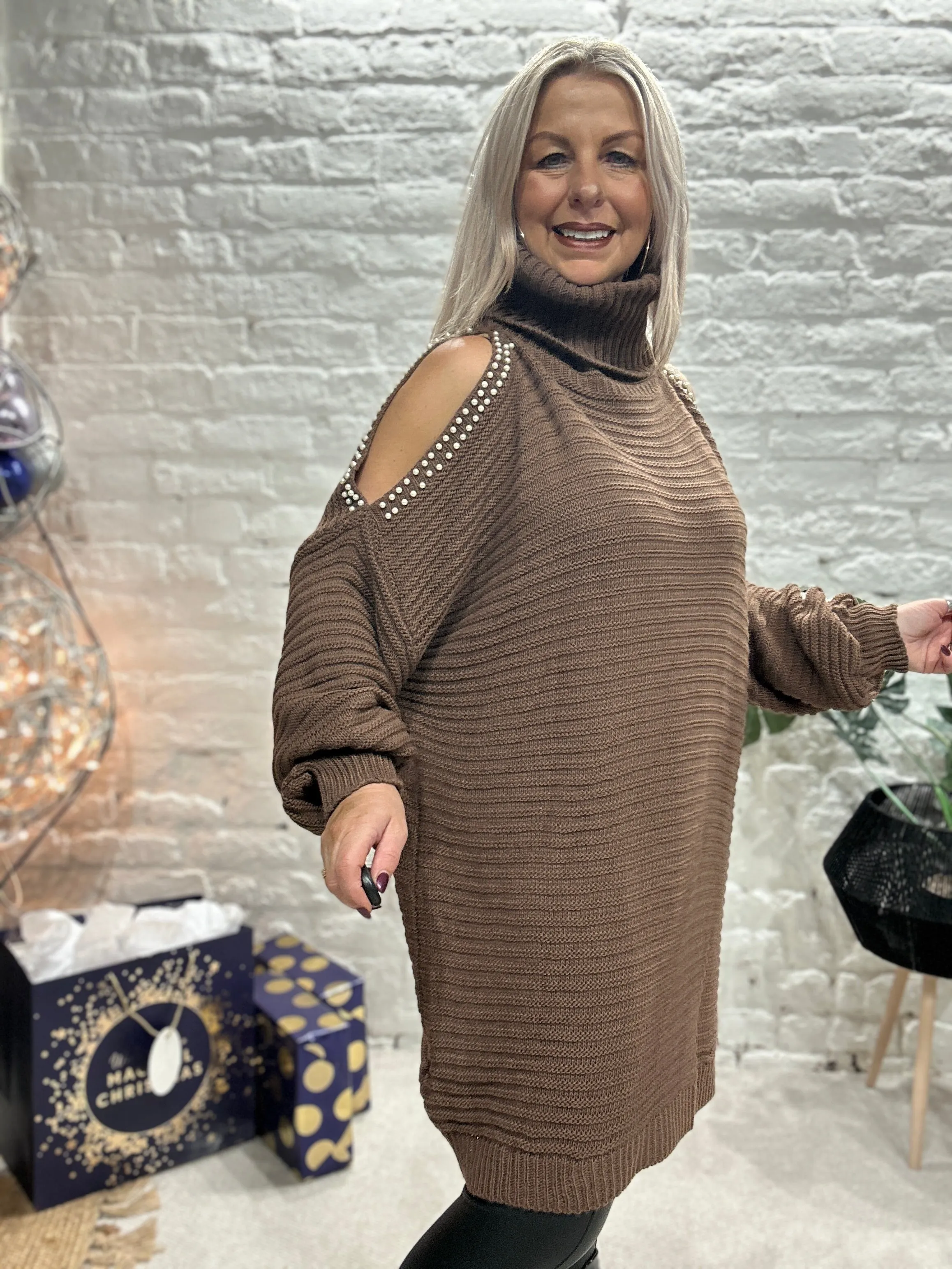 The Stella Oversized Chunky Roll Neck Cold Shoulder Adorned With Pearls
