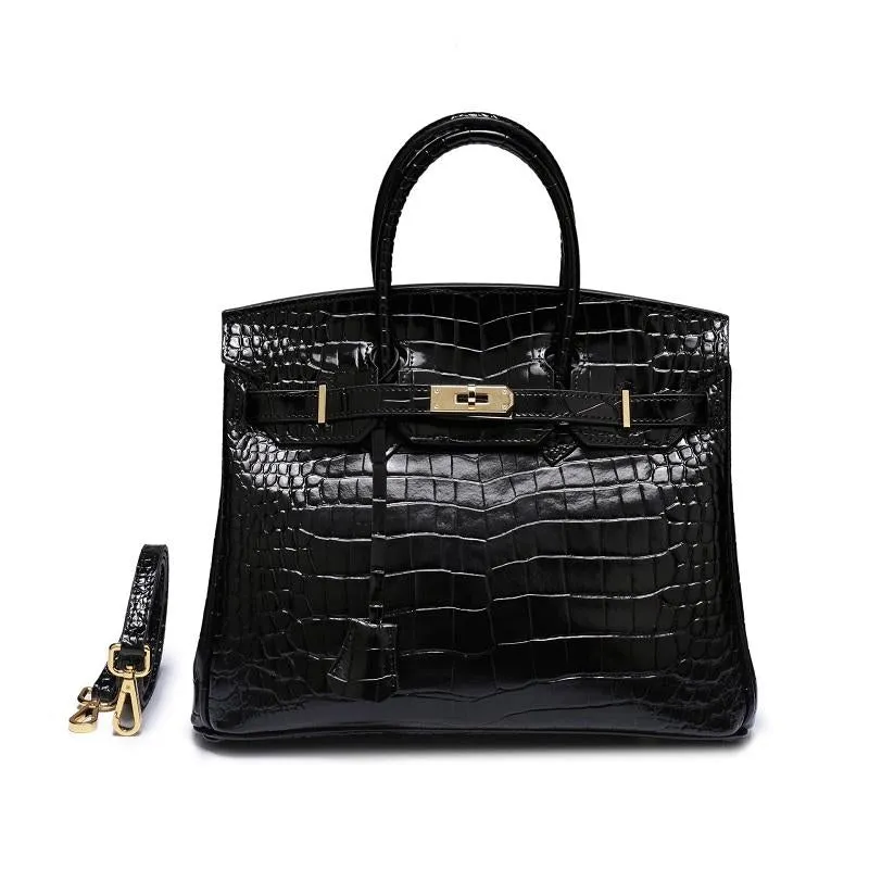 The Tabby | Luxury Crocodile-Embossed Handbag – Elegant Black