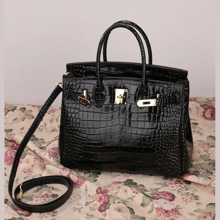 The Tabby | Luxury Crocodile-Embossed Handbag – Elegant Black
