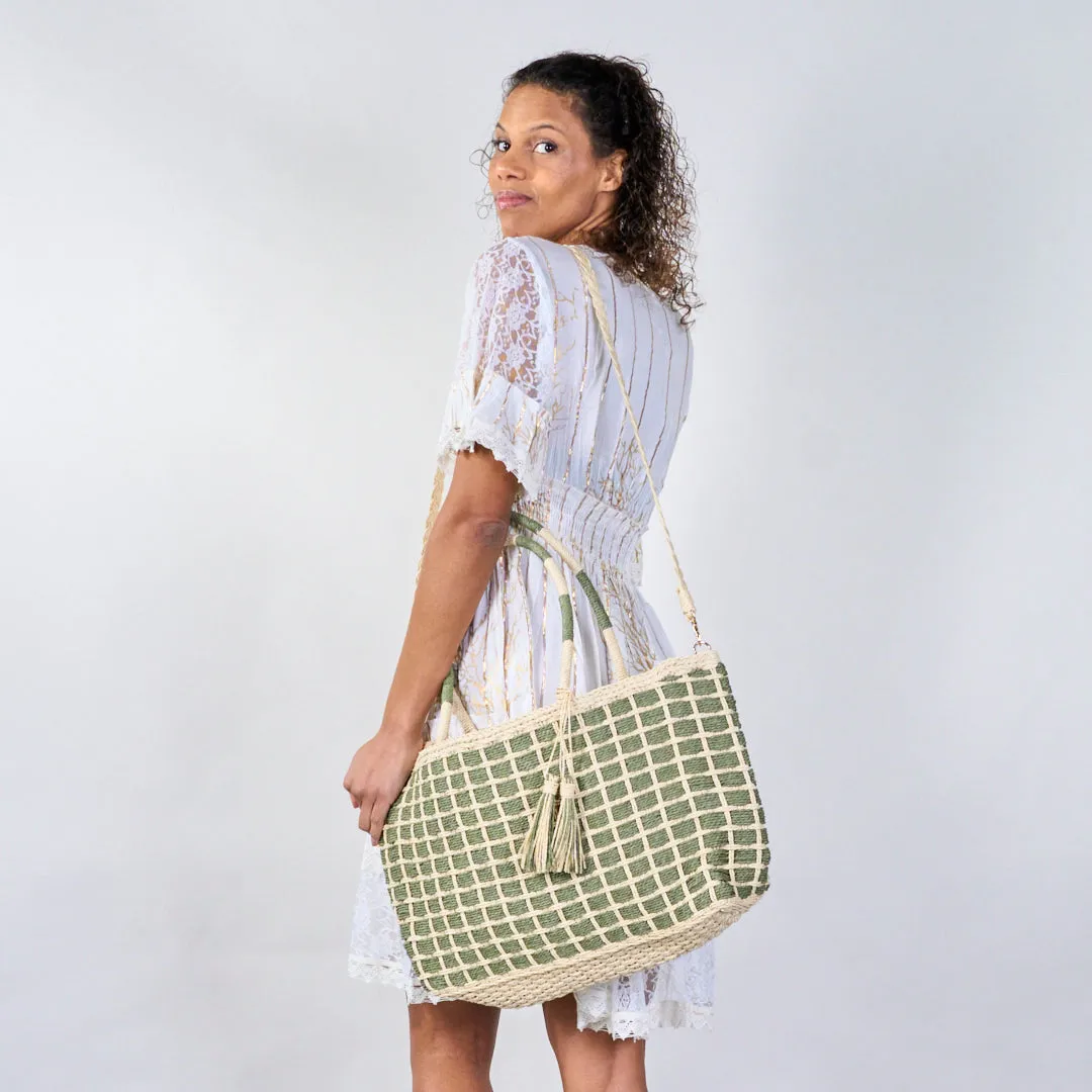 Woven grid-pattern tote bags with colorful handles wholesale