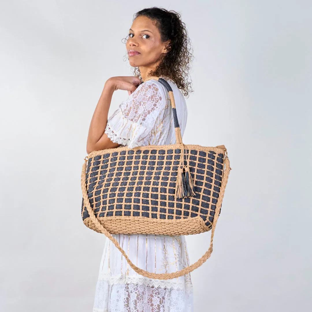 Woven grid-pattern tote bags with colorful handles wholesale