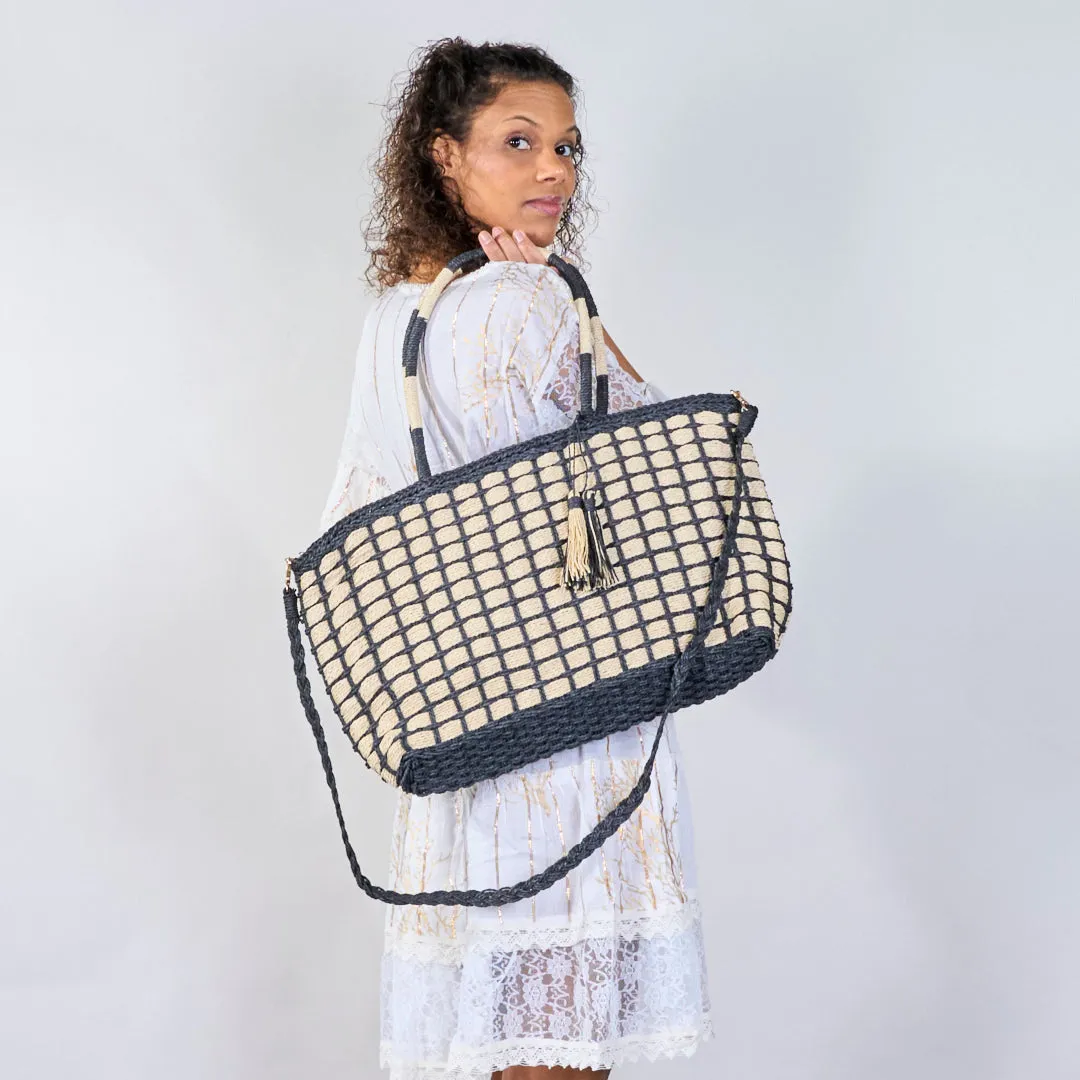 Woven grid-pattern tote bags with colorful handles wholesale
