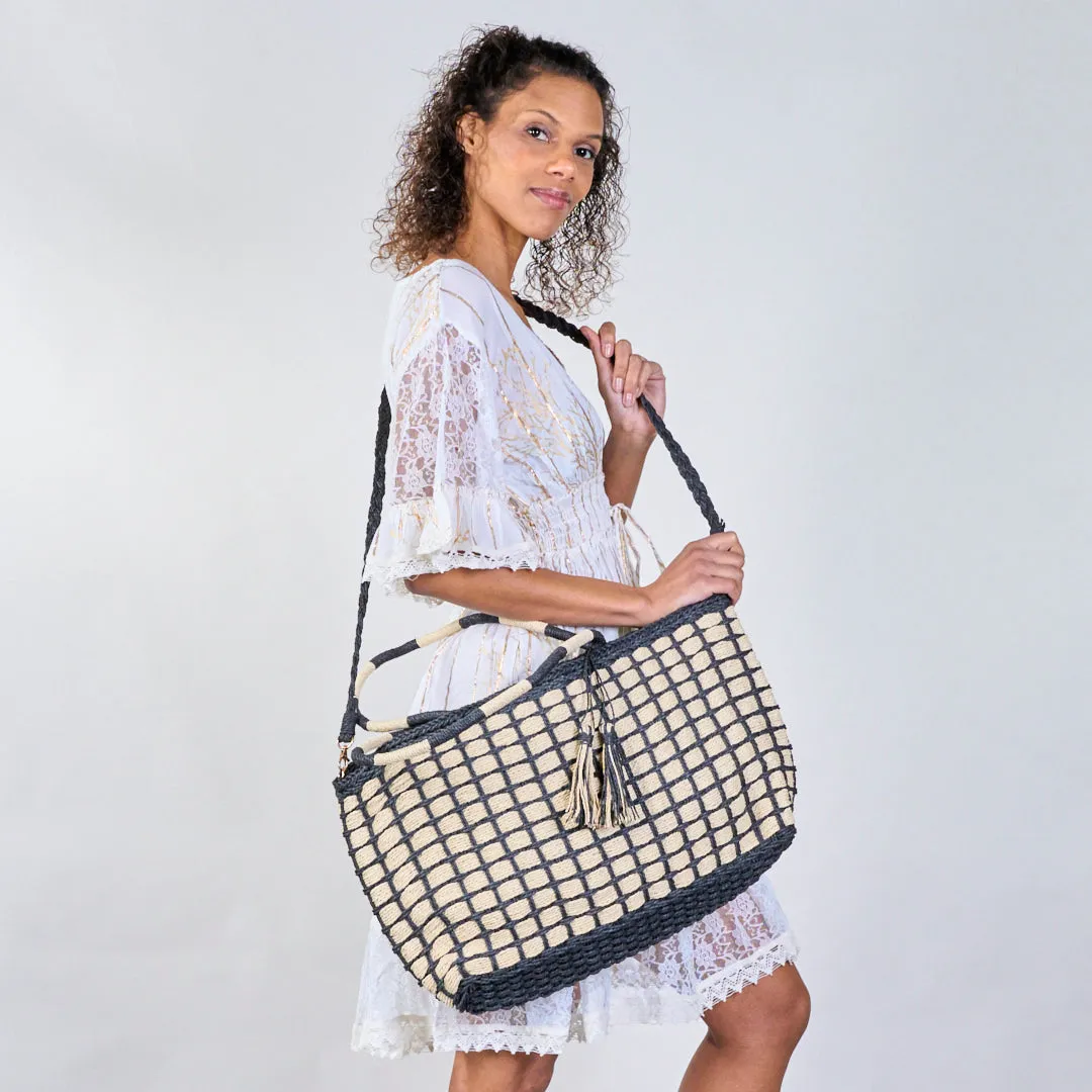 Woven grid-pattern tote bags with colorful handles wholesale