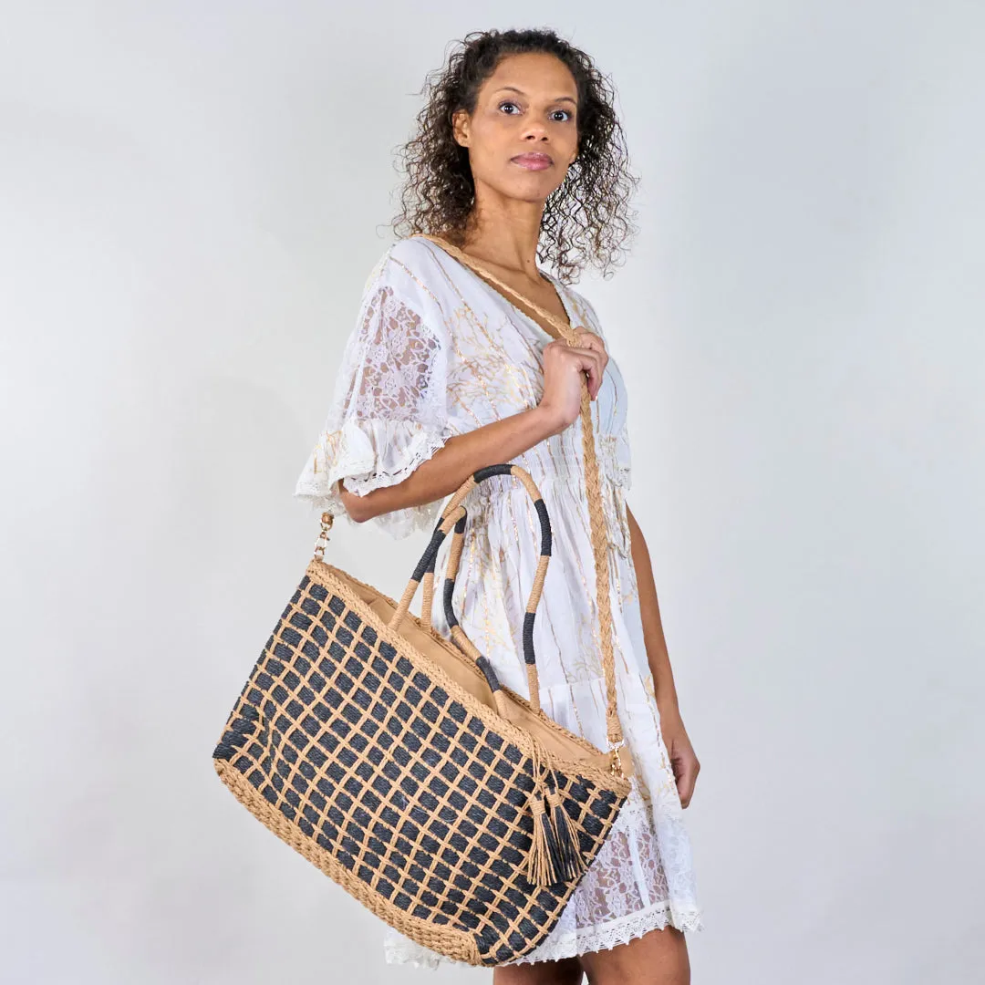 Woven grid-pattern tote bags with colorful handles wholesale